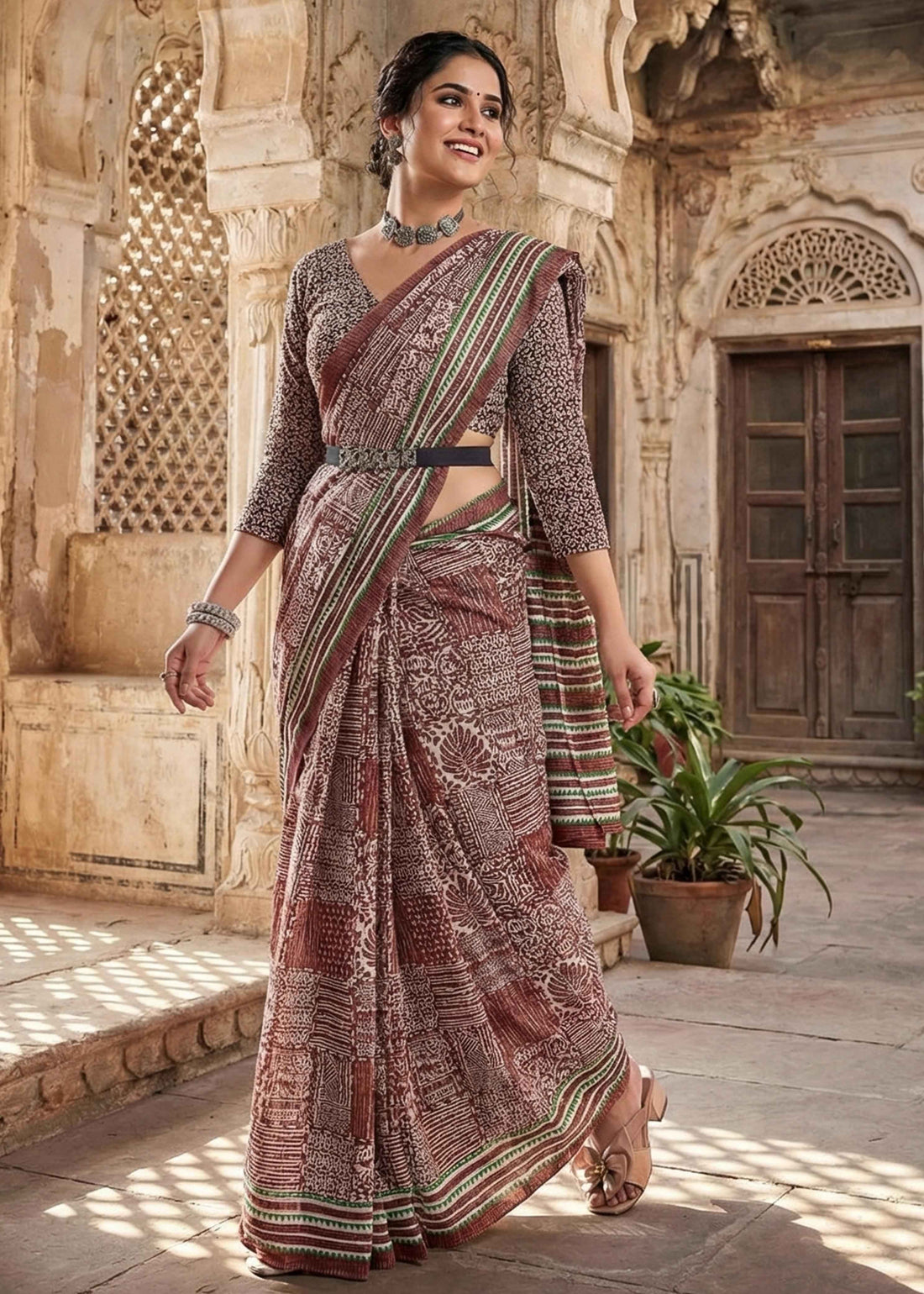 Brown Pure Soft Malmal Cotton Ikkat Hand Block Cotton Saree