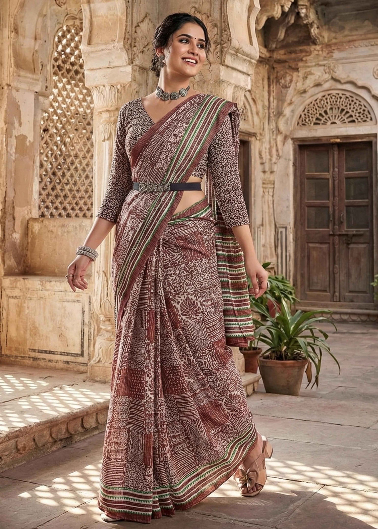 Brown Pure Soft Malmal Cotton Ikkat Hand Block Cotton Saree