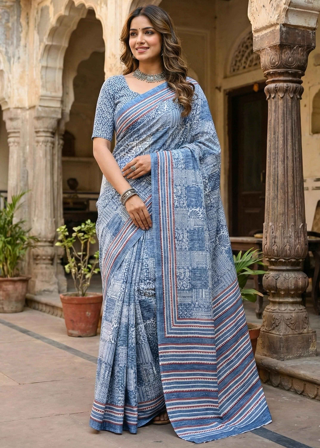 Blue Pure Soft Malmal Cotton Ikkat Hand Block Cotton Saree