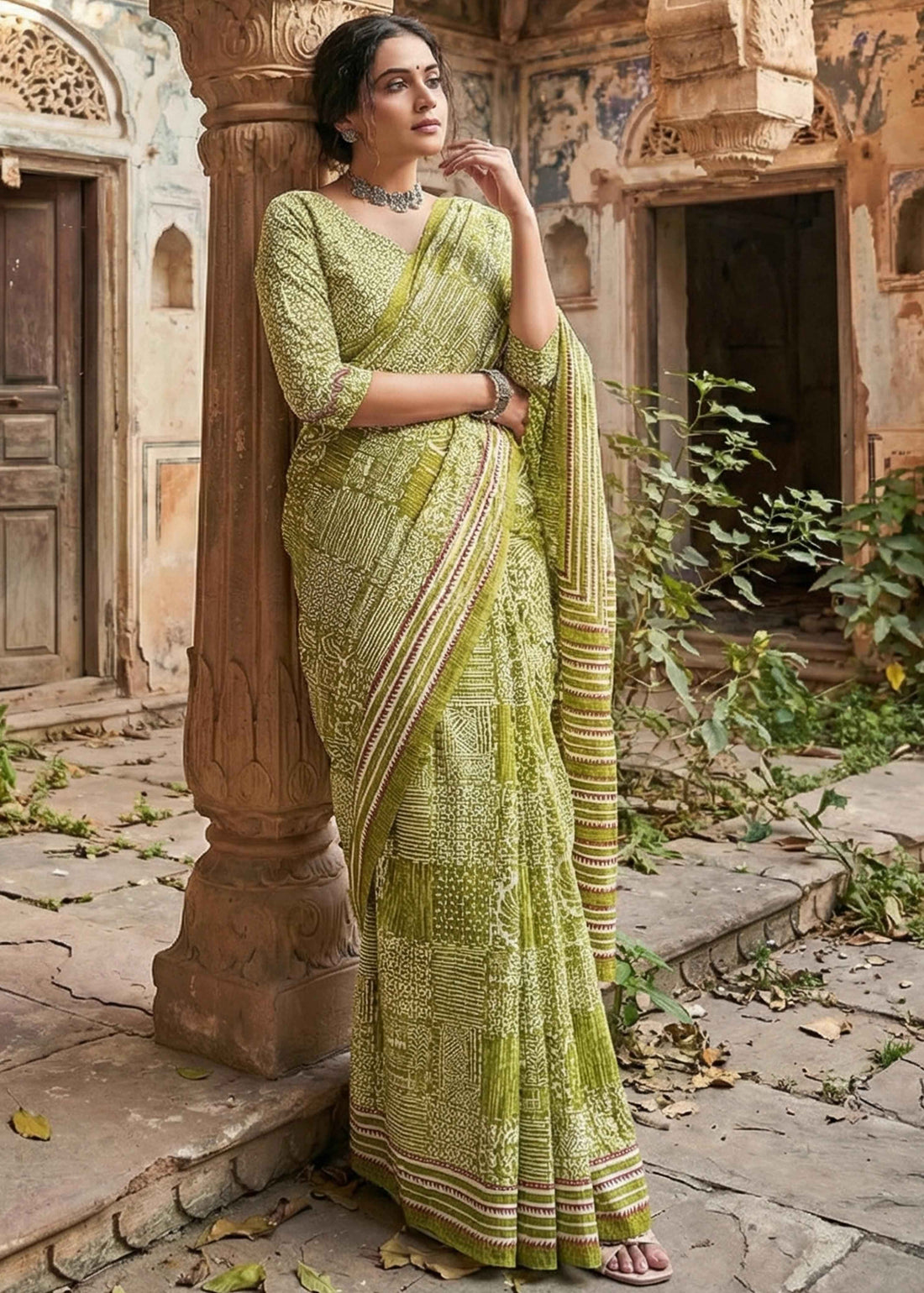 Light Green Pure Soft Malmal Cotton Ikkat Hand Block Cotton Saree