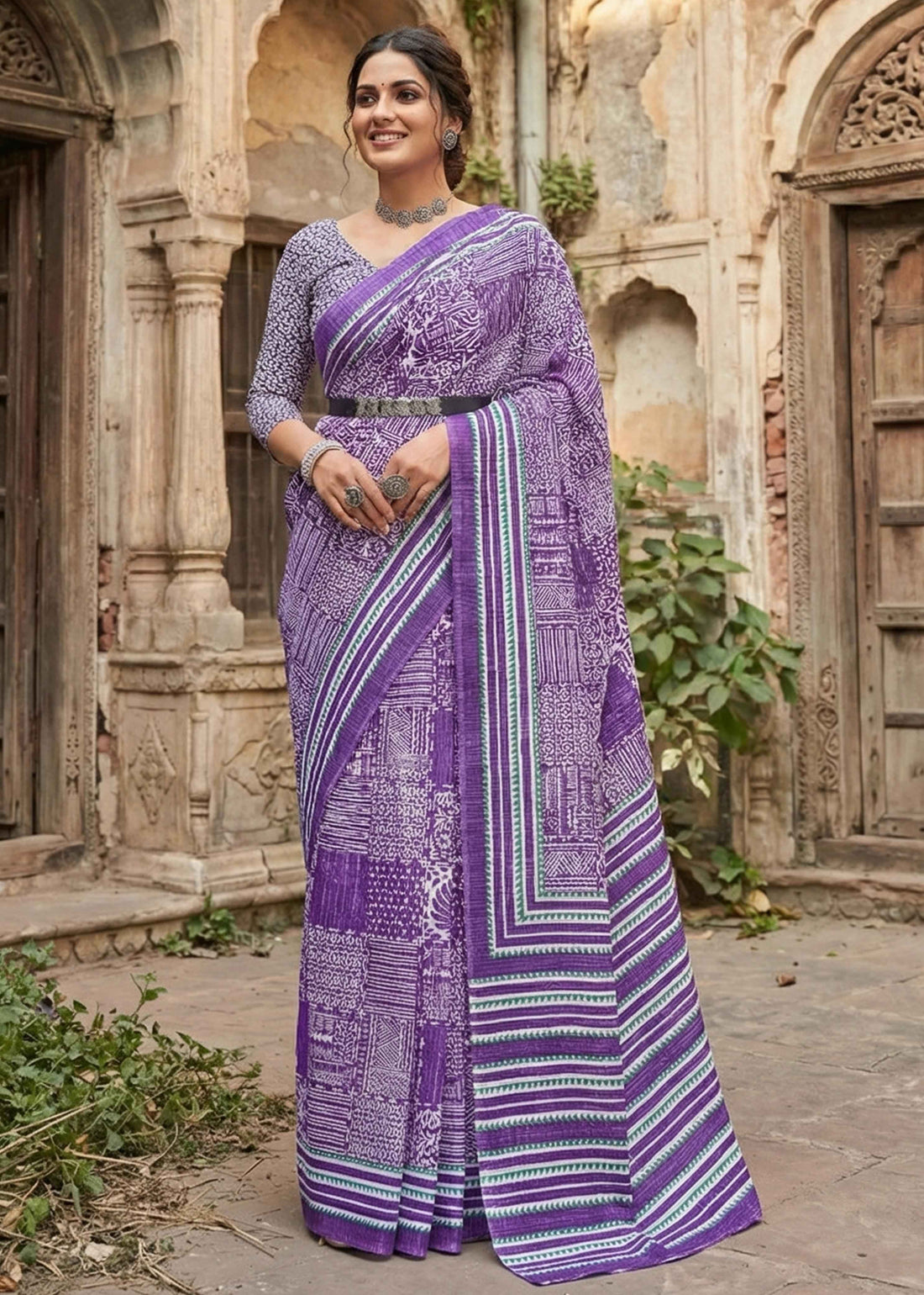 Purple Pure Soft Malmal Cotton Ikkat Hand Block Cotton Saree