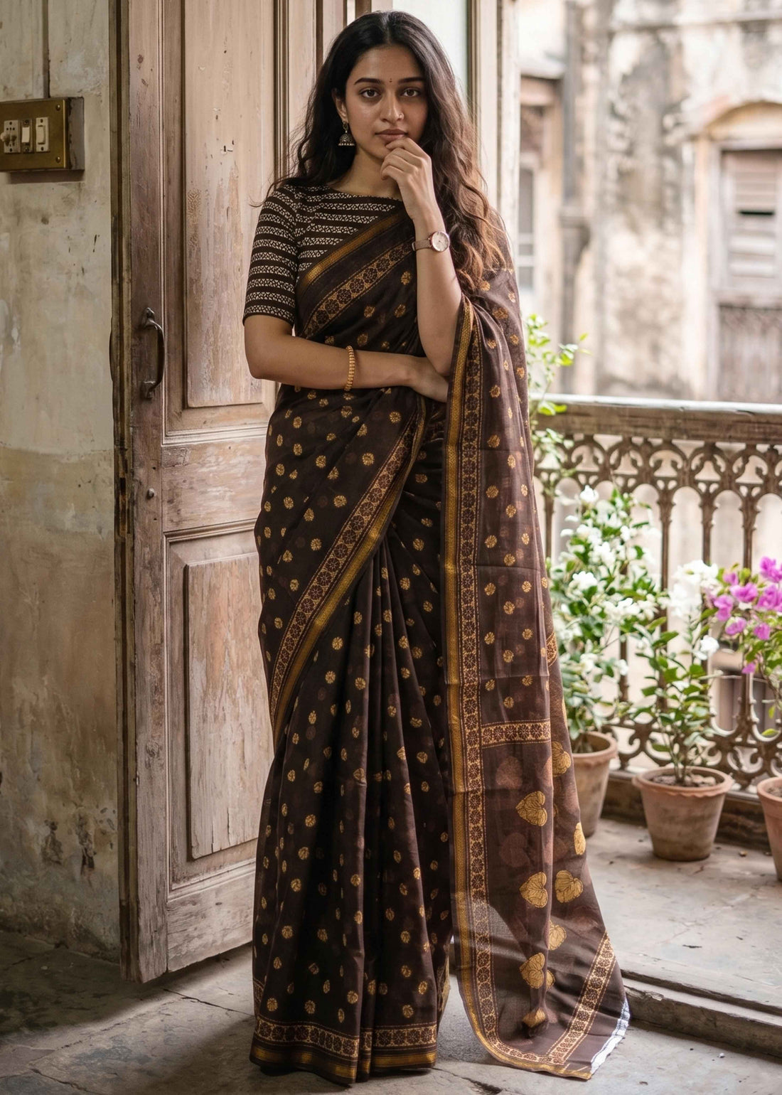 Brown Pure Soft Malmal Cotton Bagru Hand Block Cotton Saree