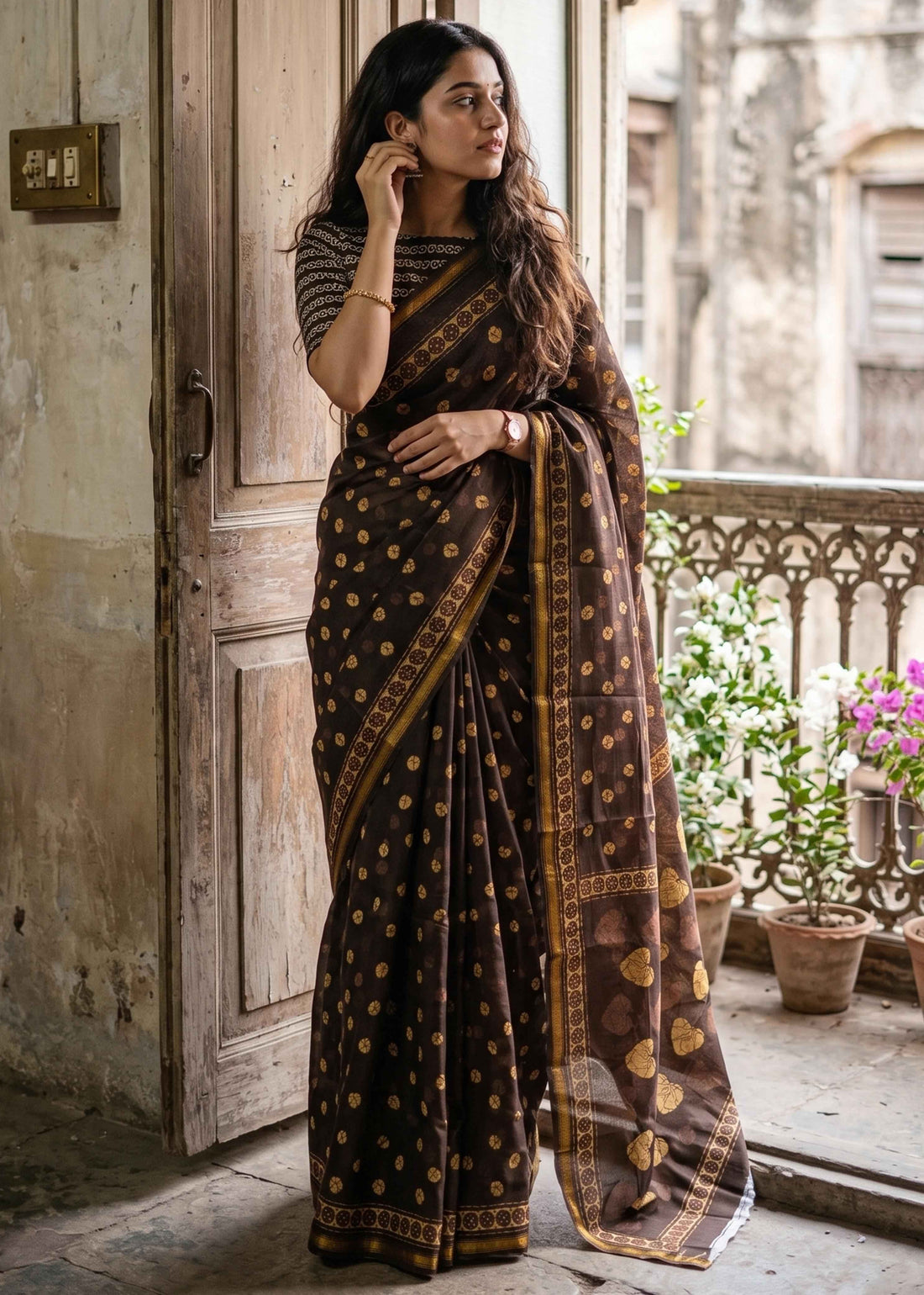 Brown Pure Soft Malmal Cotton Bagru Hand Block Cotton Saree