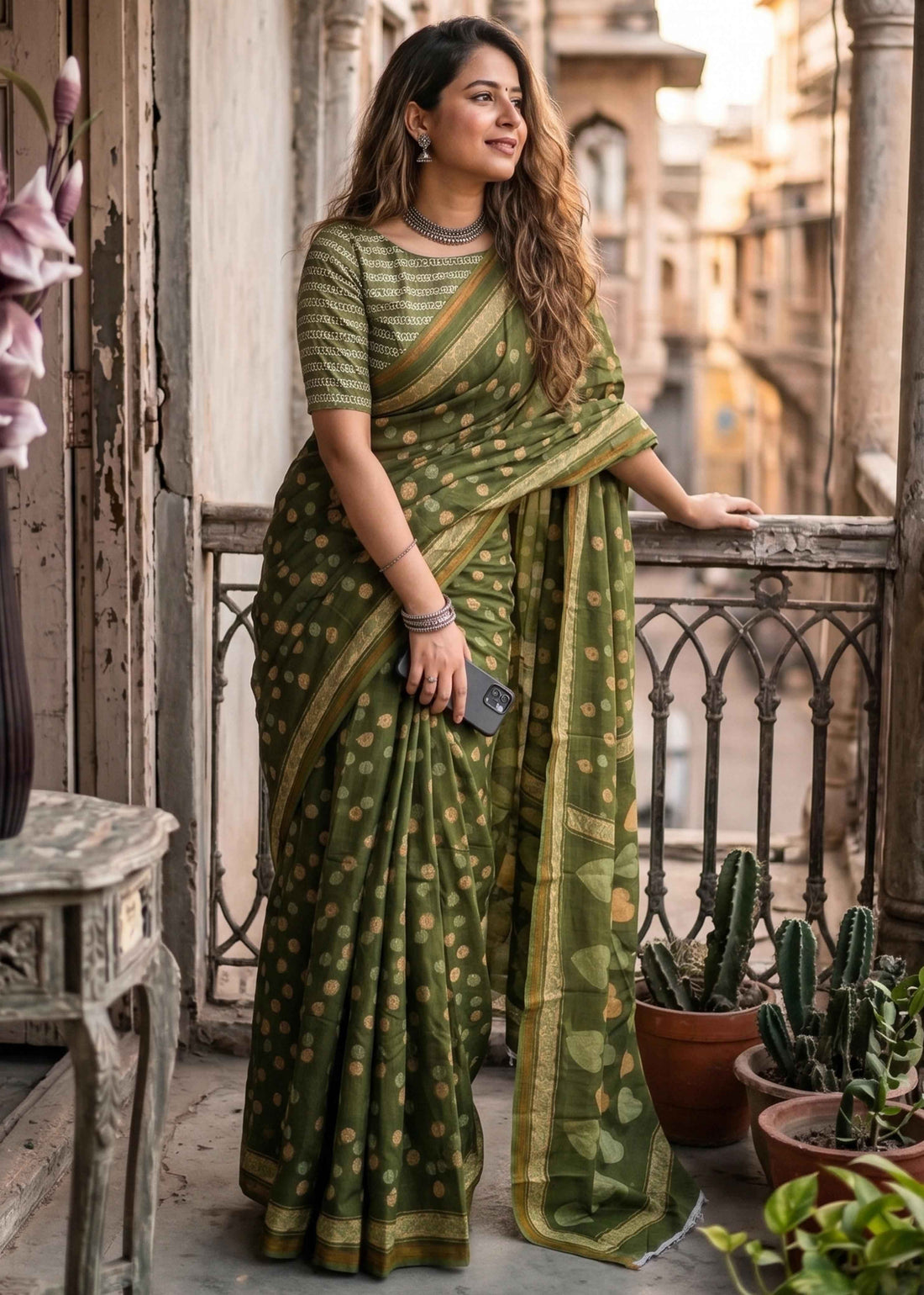 Green Pure Soft Malmal Cotton Bagru Hand Block Cotton Saree