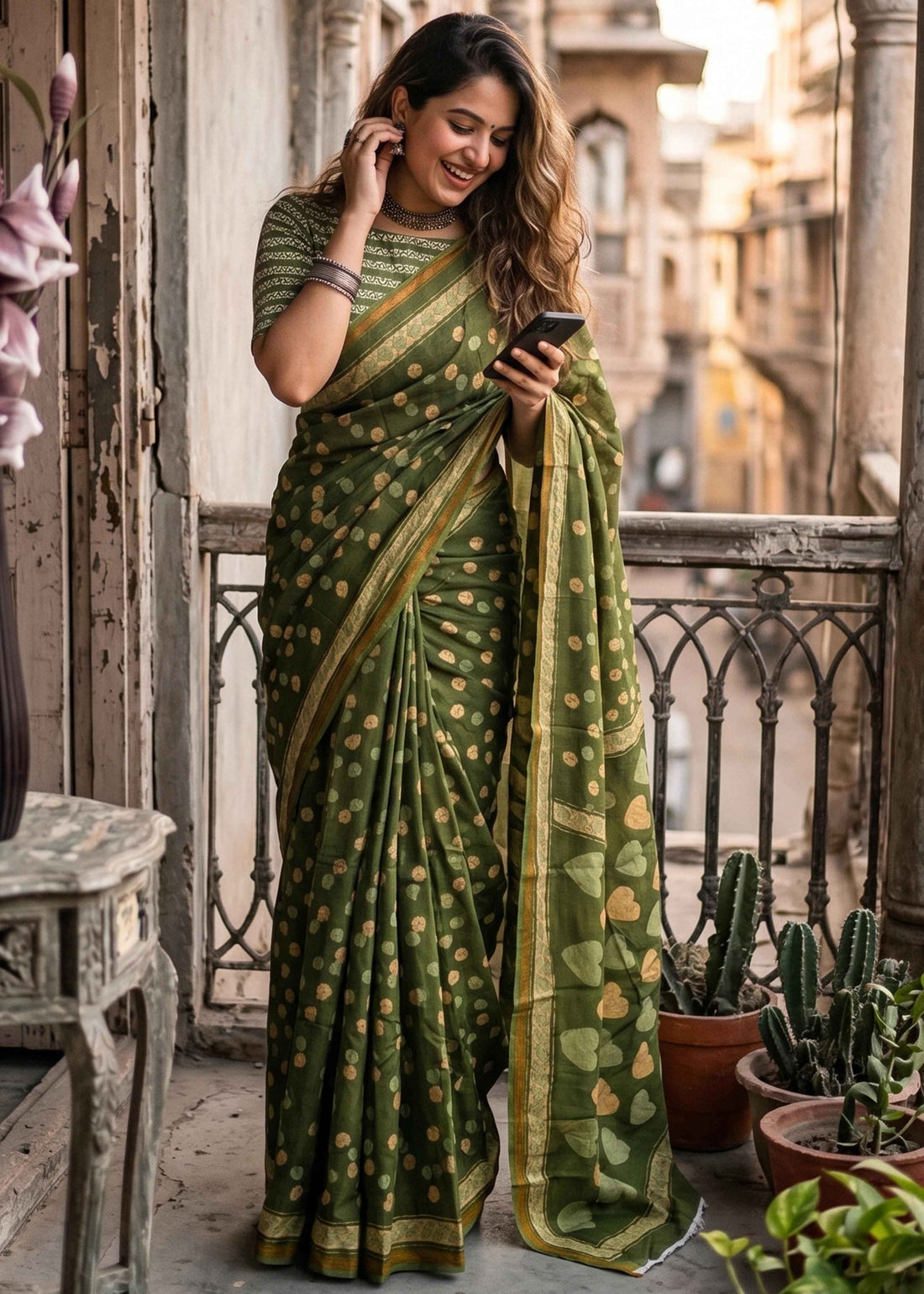 Green Pure Soft Malmal Cotton Bagru Hand Block Cotton Saree