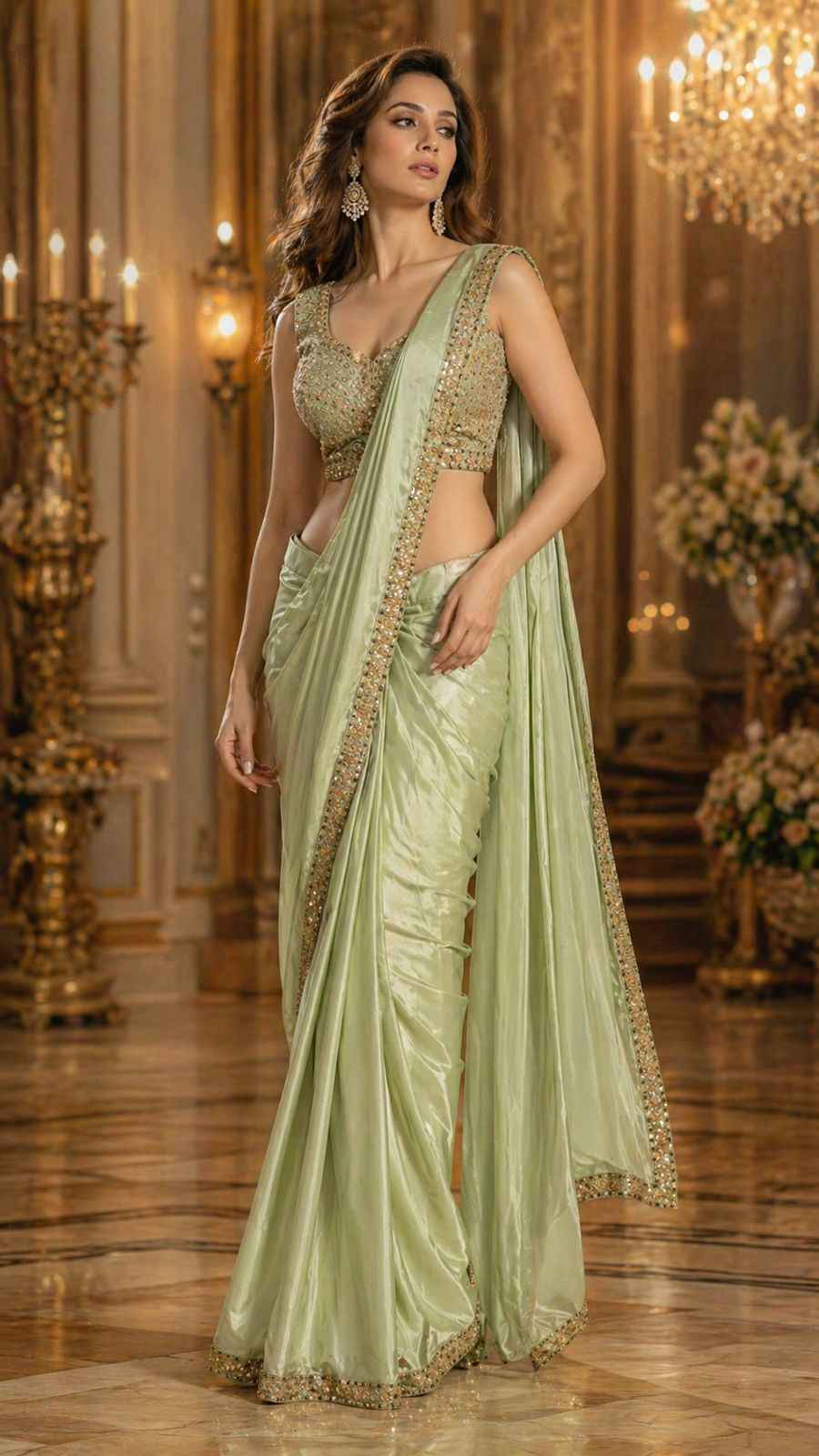 Sage Green Pure Imported Fendi Silk Ready to Wear Saree