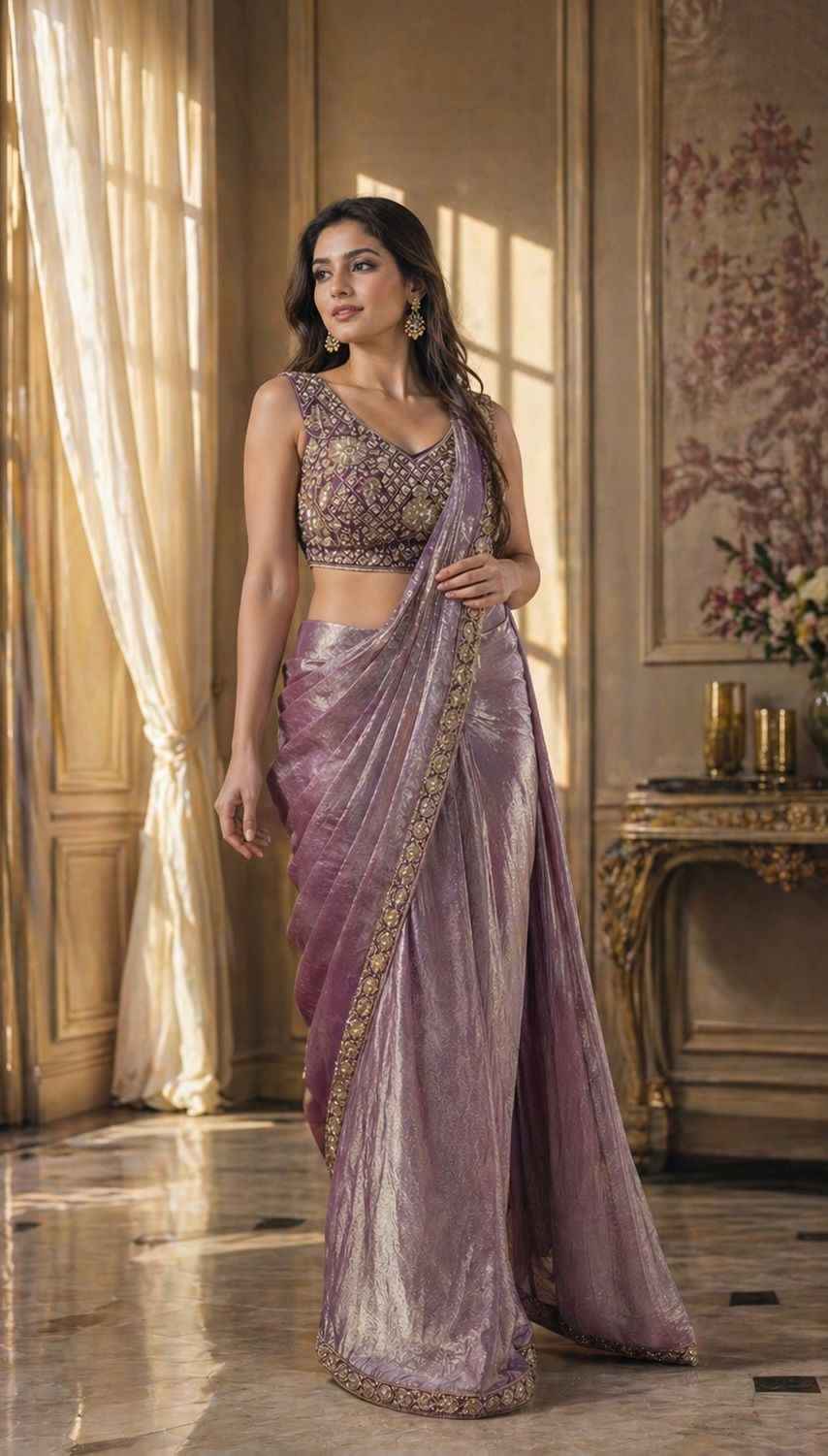 Purple Pure Imported Fendi Silk Ready to Wear Saree