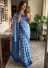 Blue Pure Soft Malmal Cotton Ikkat Hand Block Cotton Saree