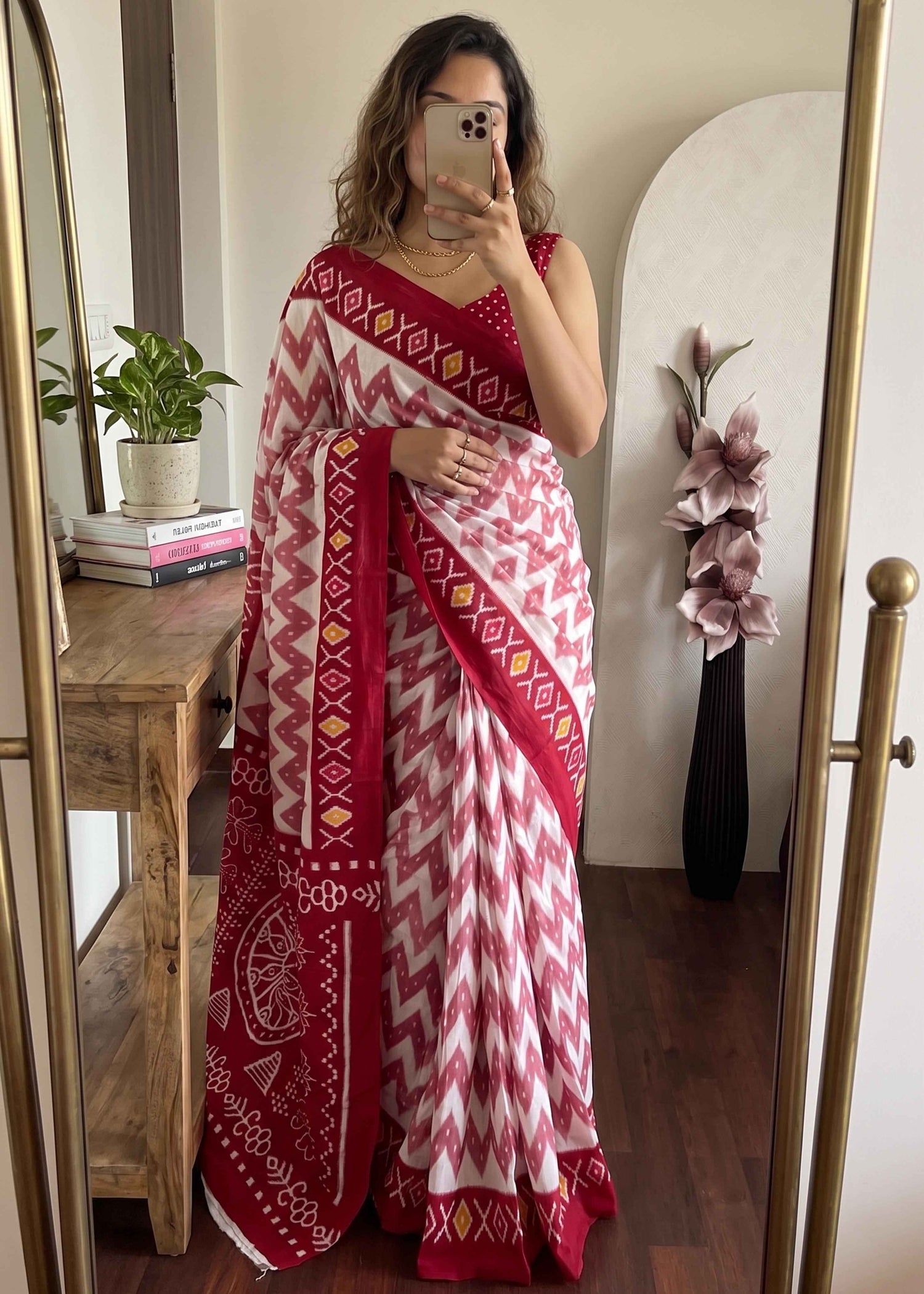 Red Pure Soft Malmal Cotton Ikkat Hand Block Cotton Saree