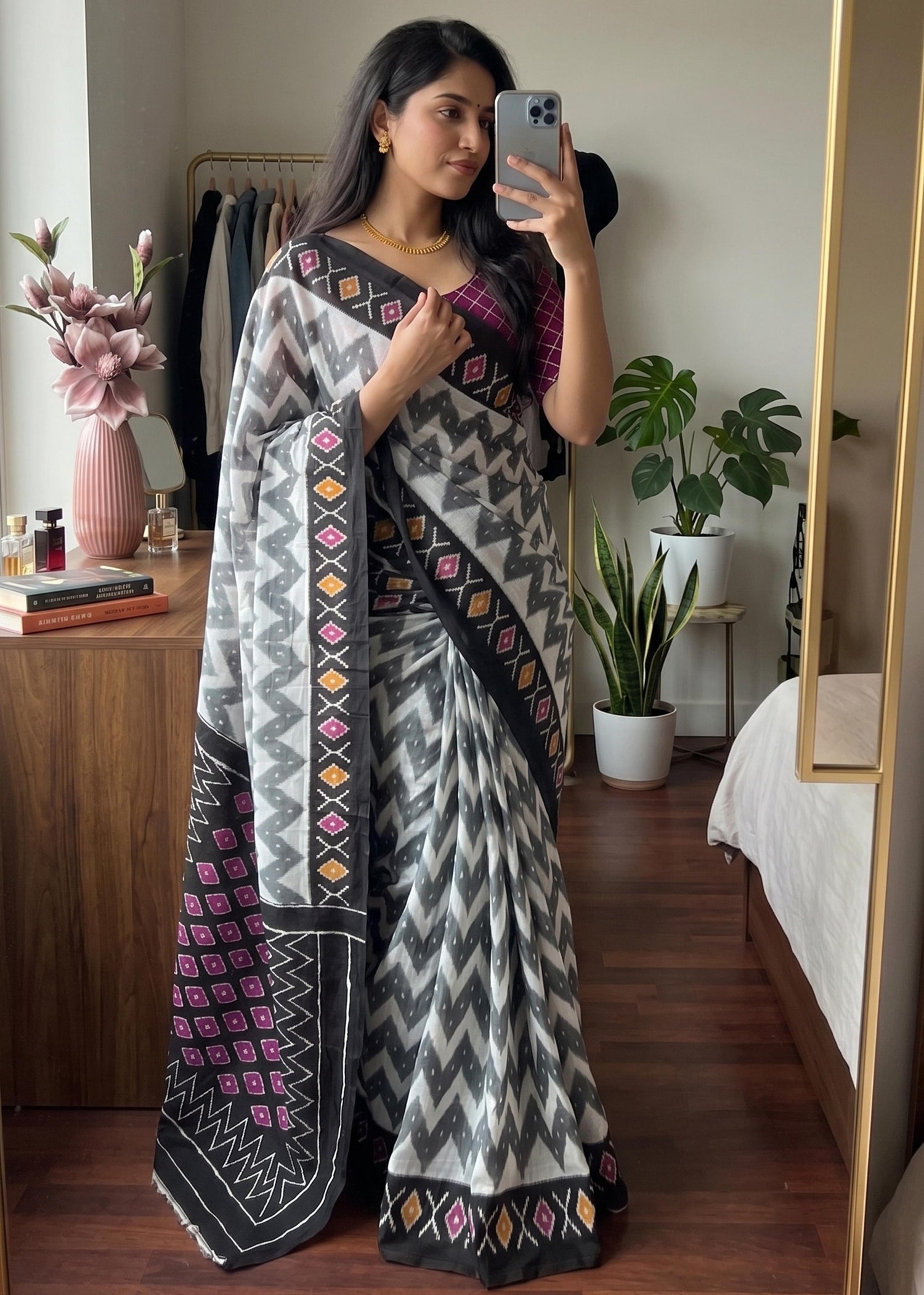 Black Pure Soft Malmal Cotton Ikkat Hand Block Cotton Saree