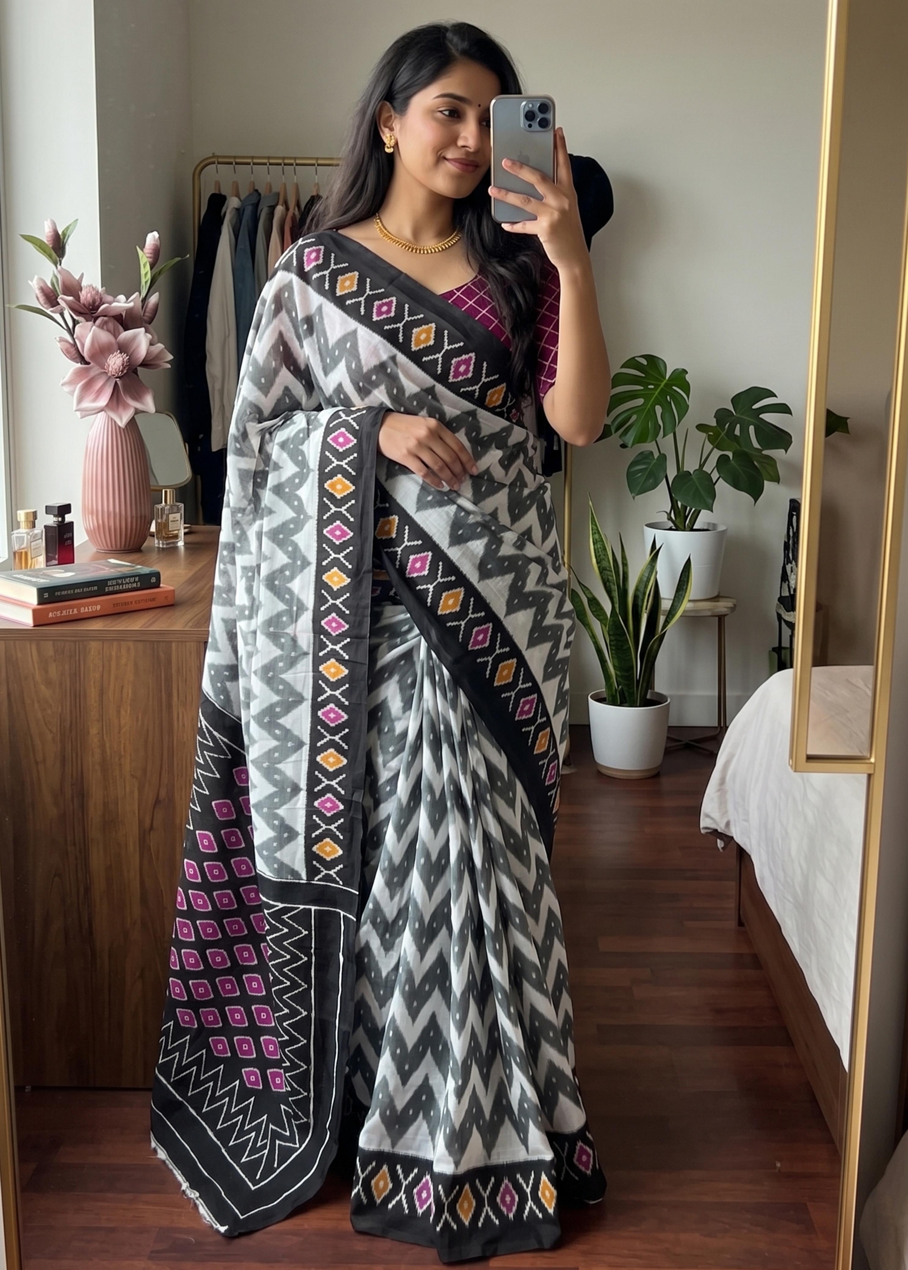 Black Pure Soft Malmal Cotton Ikkat Hand Block Cotton Saree