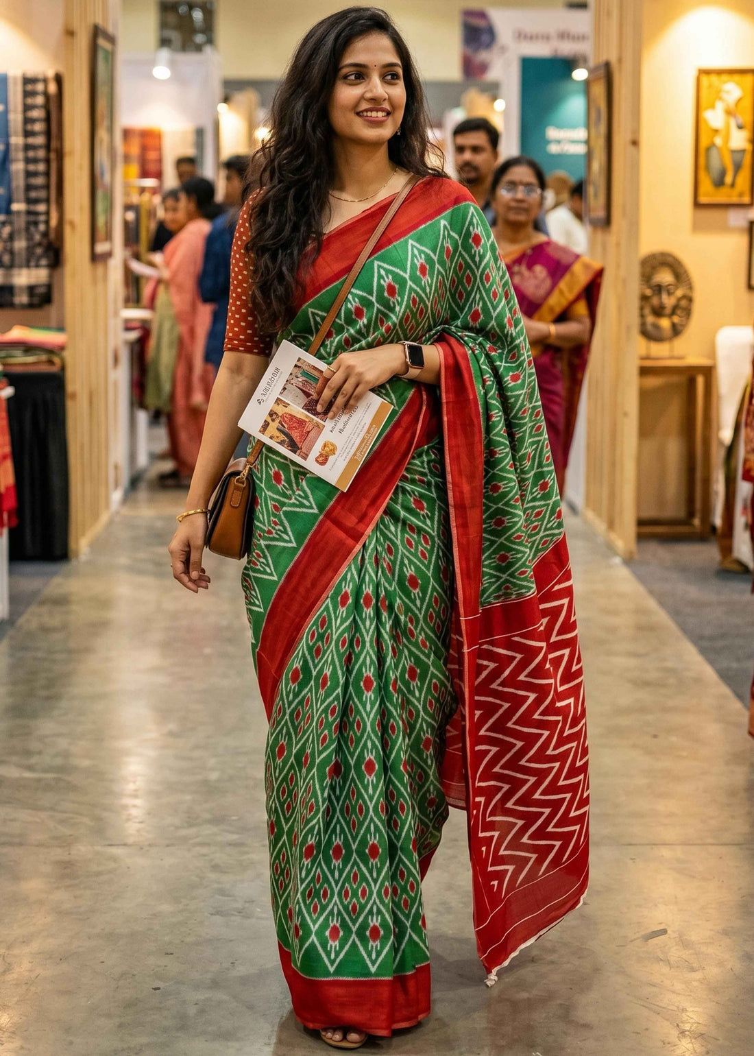 Green Pure Soft Malmal Cotton Ikkat Hand Block Cotton Saree