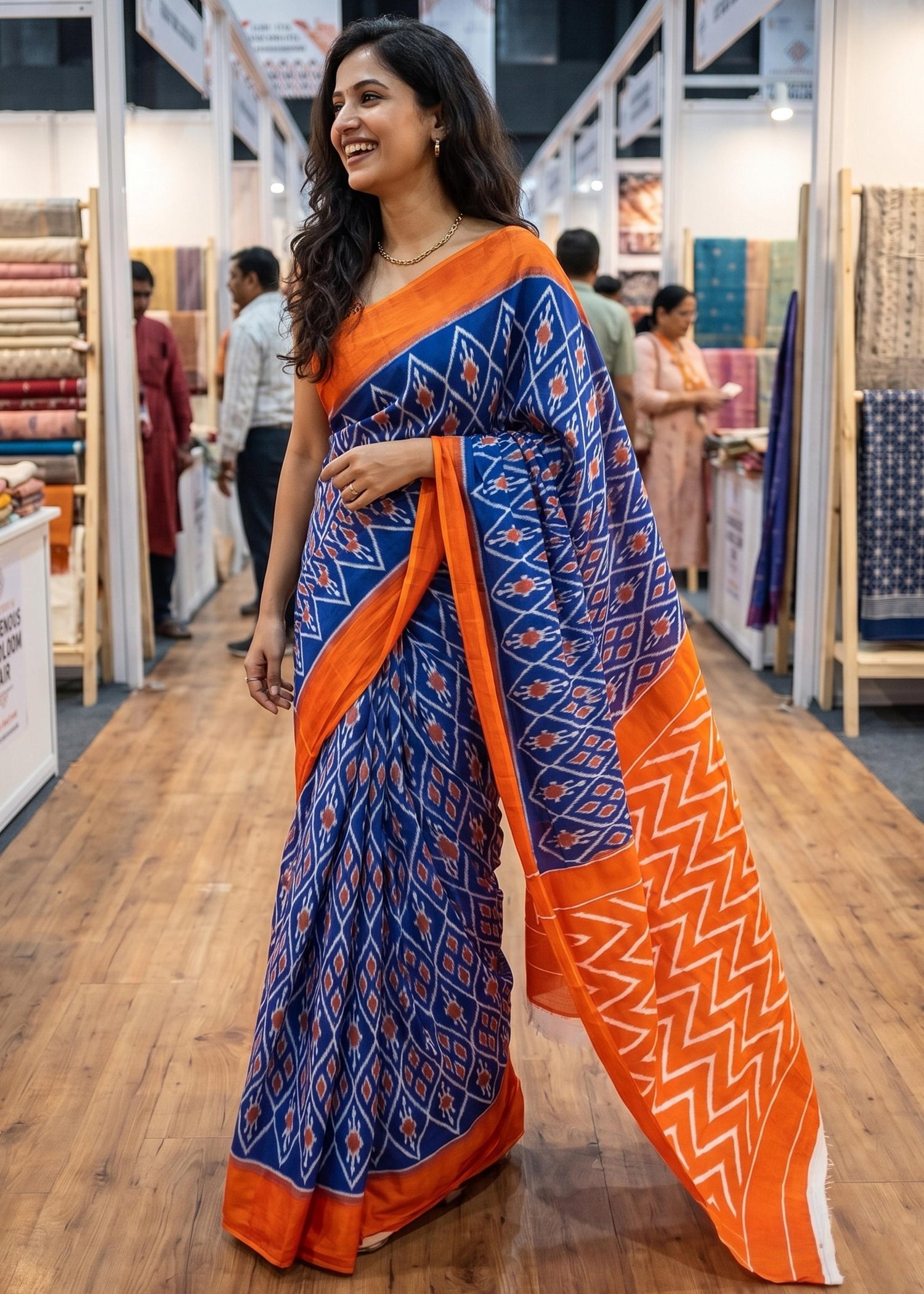 Blue Pure Soft Malmal Cotton Ikkat Hand Block Cotton Saree