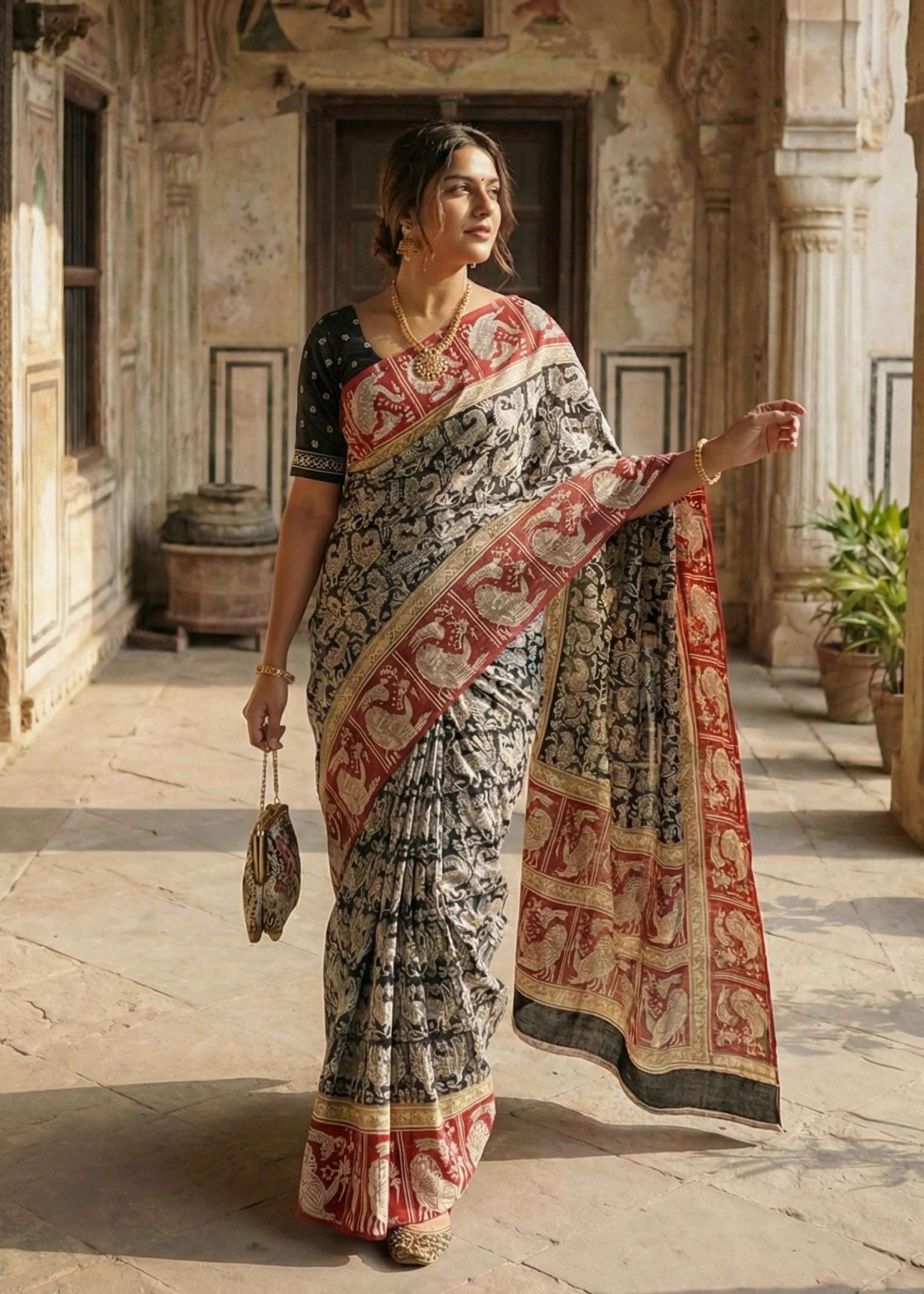 Black Pure Soft Malmal Cotton Kalamkari Hand Block Print  Cotton Saree
