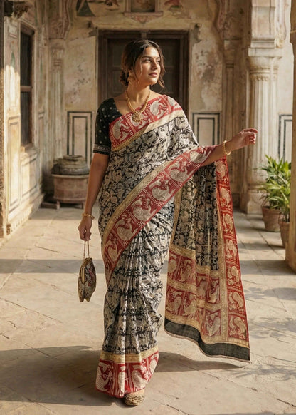 Black Pure Soft Malmal Cotton Kalamkari Hand Block Print  Cotton Saree