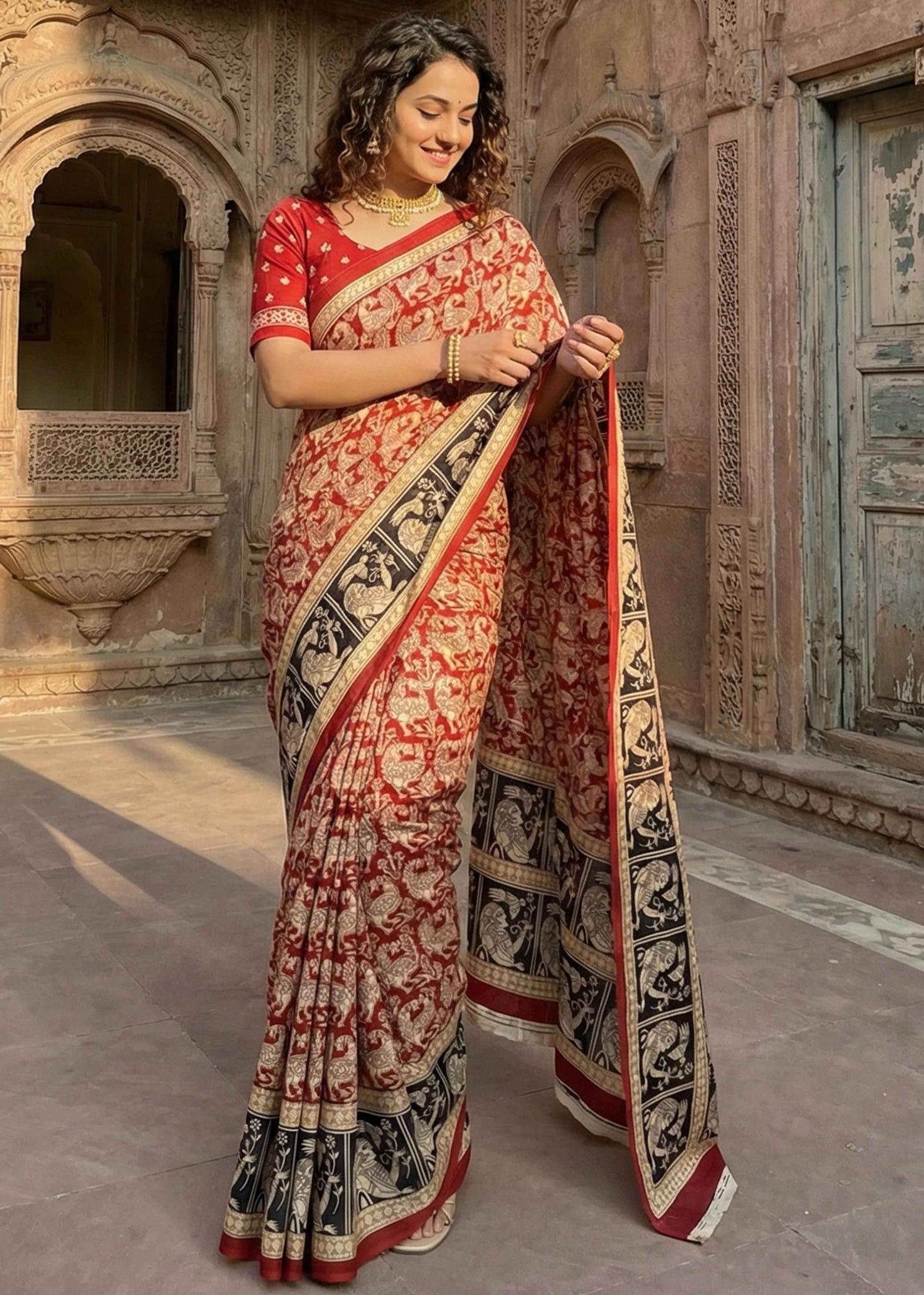 Red Pure Soft Malmal Cotton Kalamkari Hand Block Print  Cotton Saree