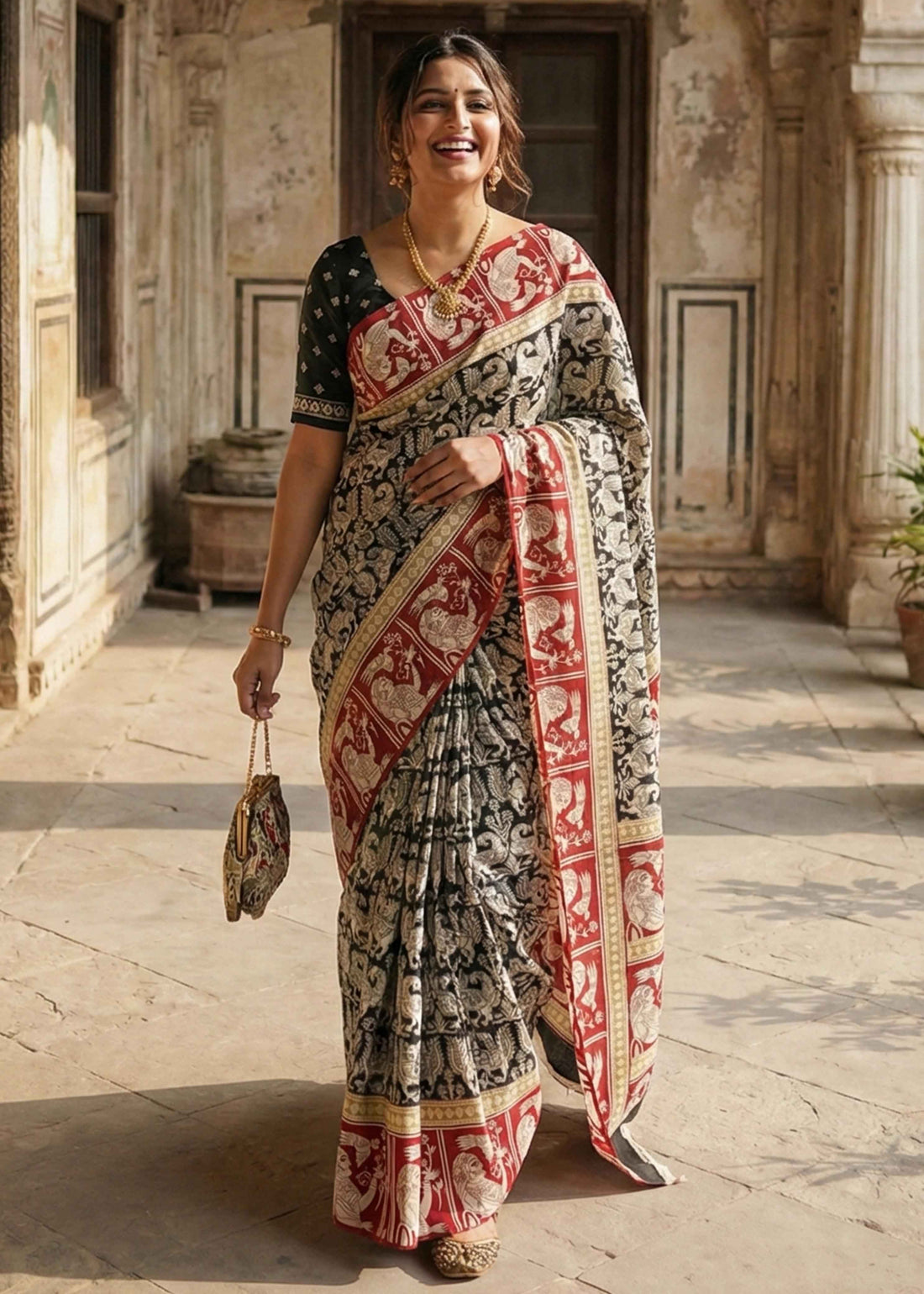 Black Pure Soft Malmal Cotton Kalamkari Hand Block Print  Cotton Saree