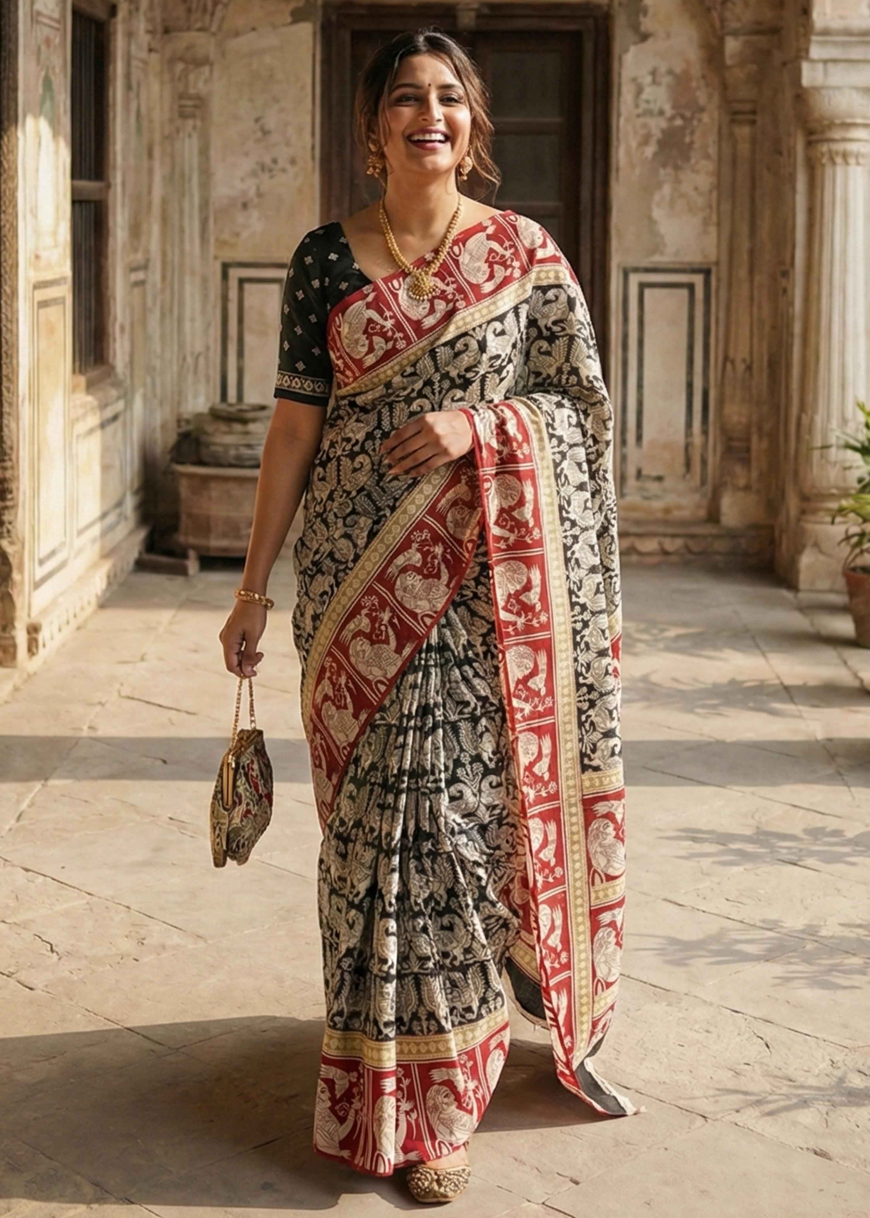 Black Pure Soft Malmal Cotton Kalamkari Hand Block Print  Cotton Saree