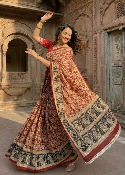 Red Pure Soft Malmal Cotton Kalamkari Hand Block Print  Cotton Saree