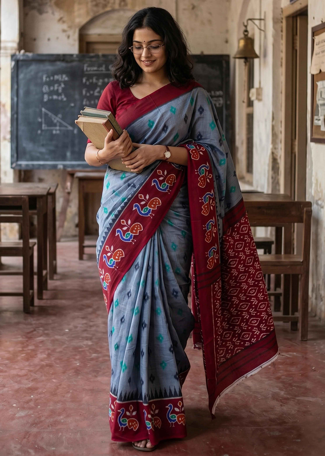 Grey Pure Soft Malmal Cotton Ikkat Hand Block Print Cotton Saree