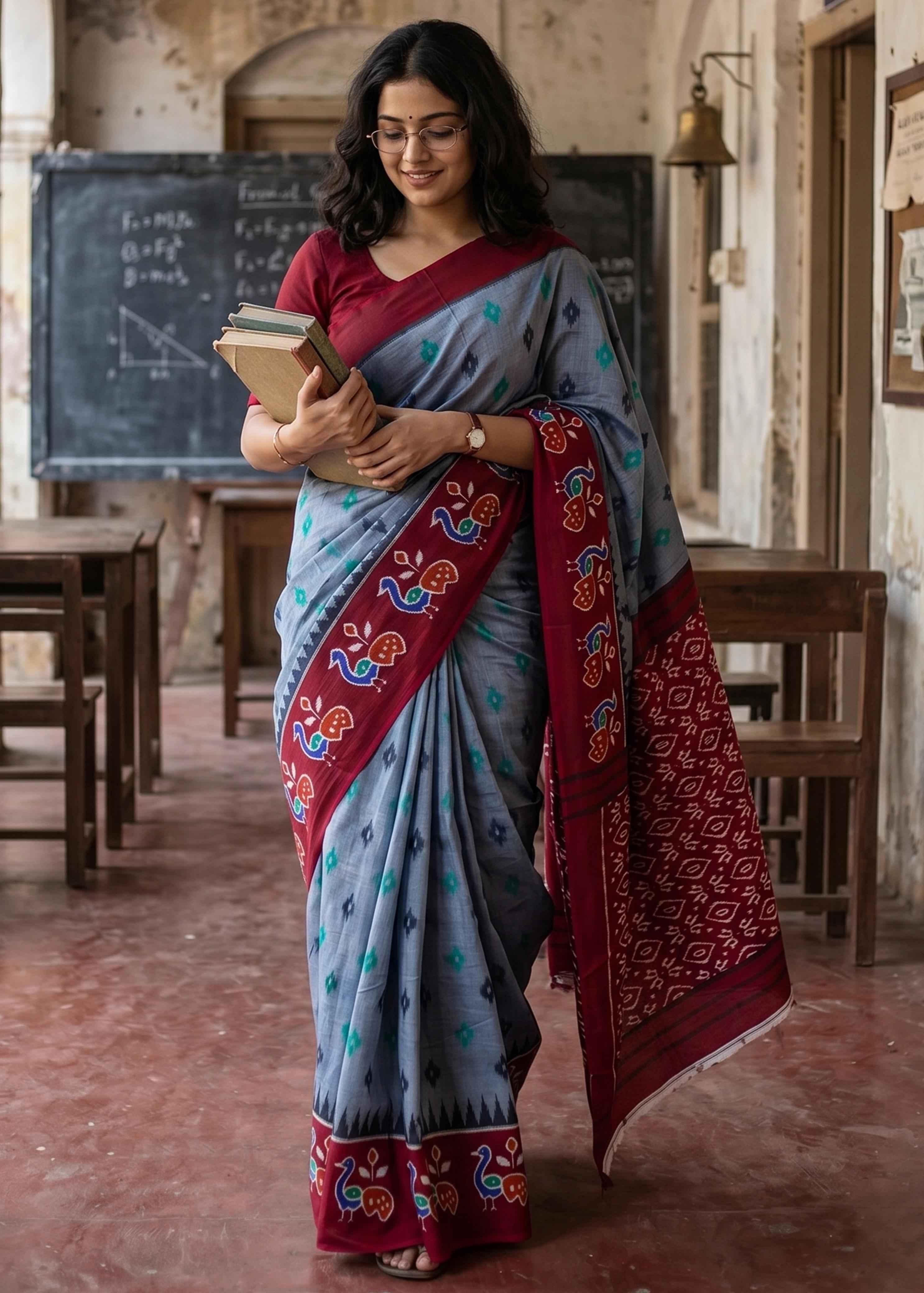 Grey Pure Soft Malmal Cotton Ikkat Hand Block Print Cotton Saree