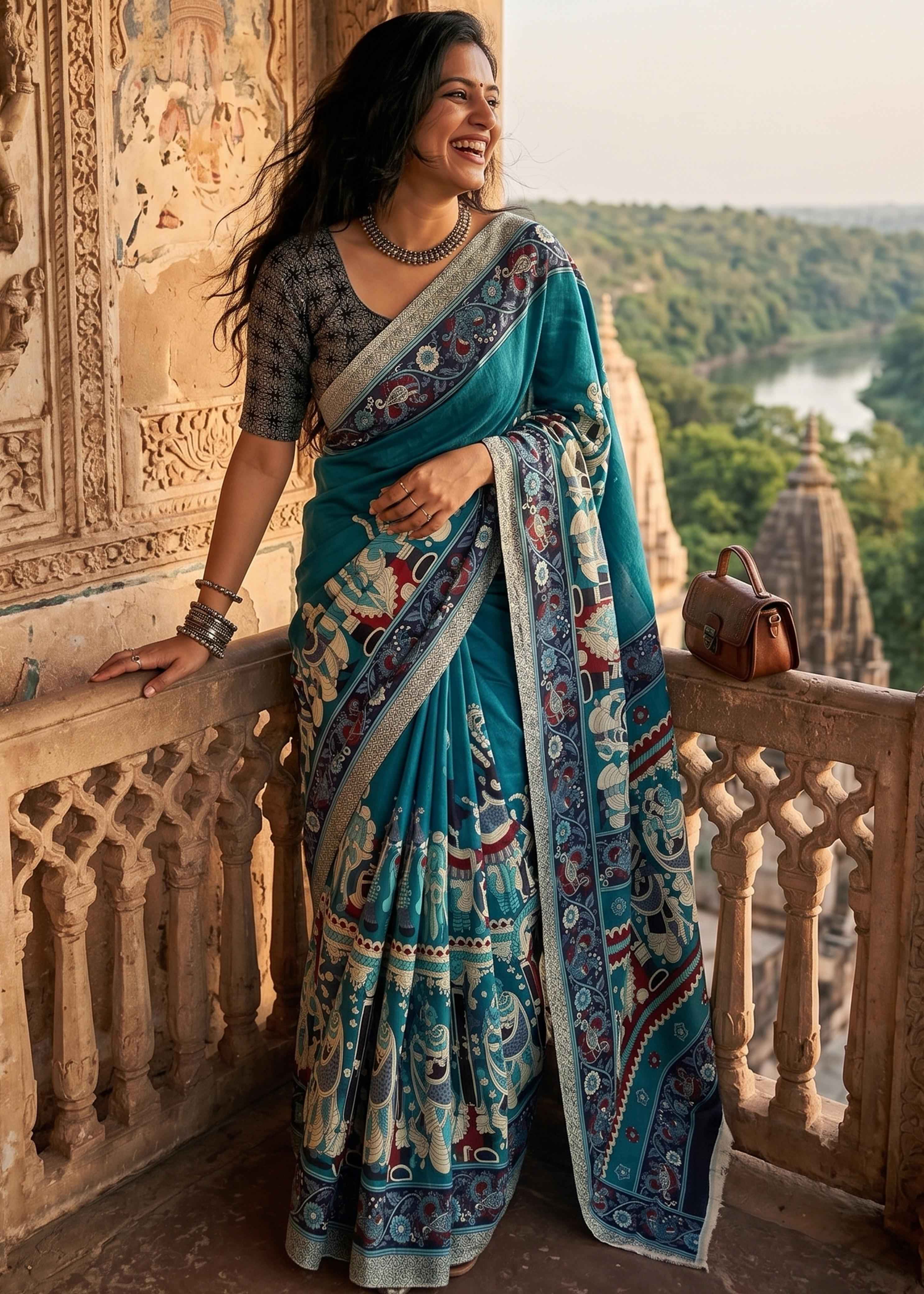 Teal Blue Pure Soft Malmal Cotton Kalamkari Print Cotton Saree