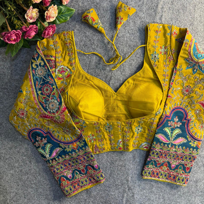 Yellow Soft Pure Sweetheart Neck Long Sleeves Heavy Position Work Blouse