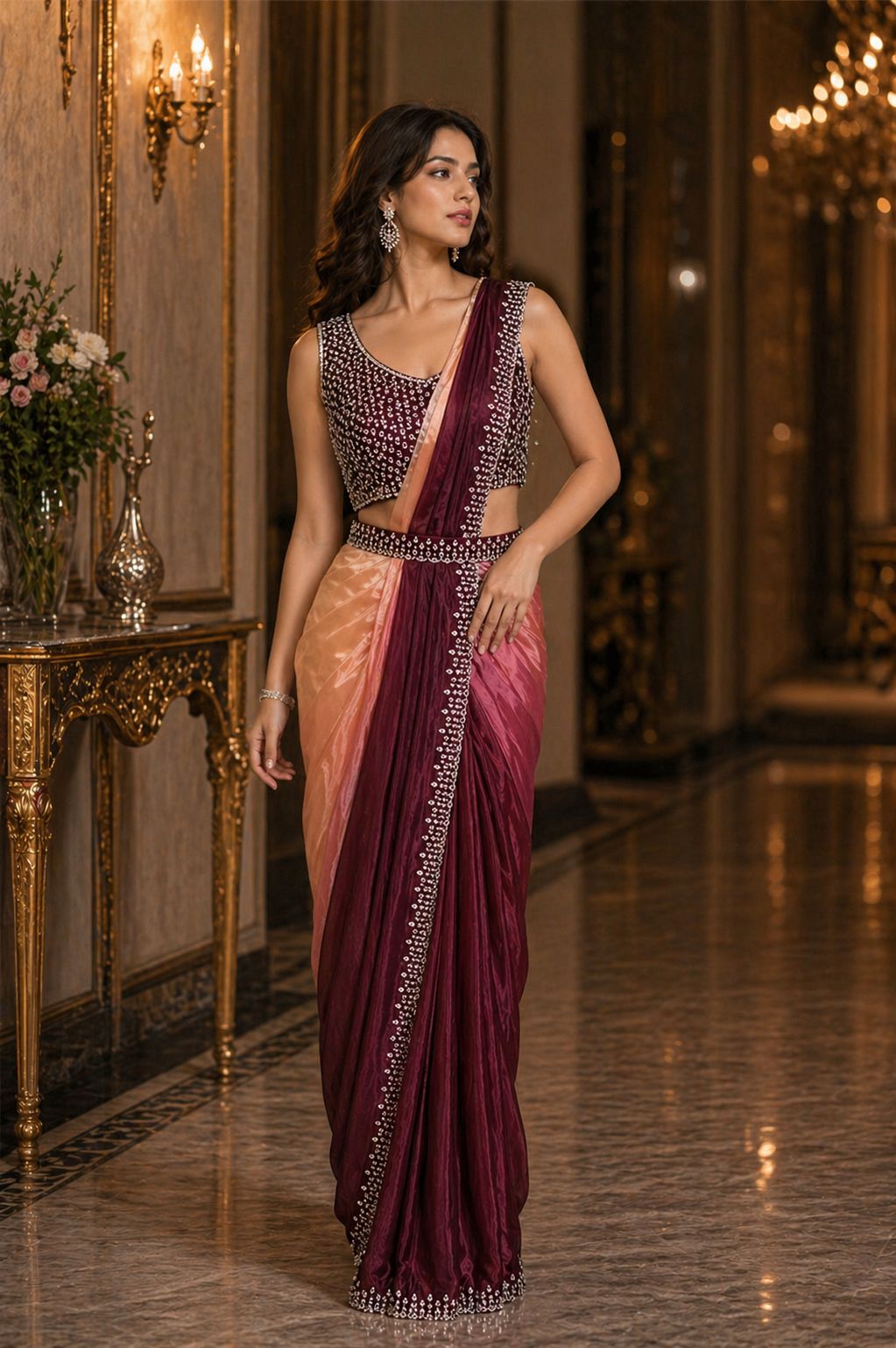 Peach Pure Imported Fendi Silk Ready to Wear Saree