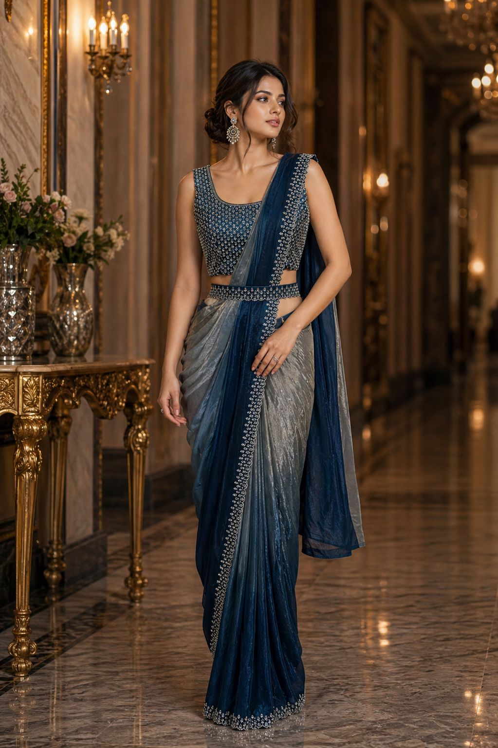 Blue Pure Imported Fendi Silk Ready to Wear Saree