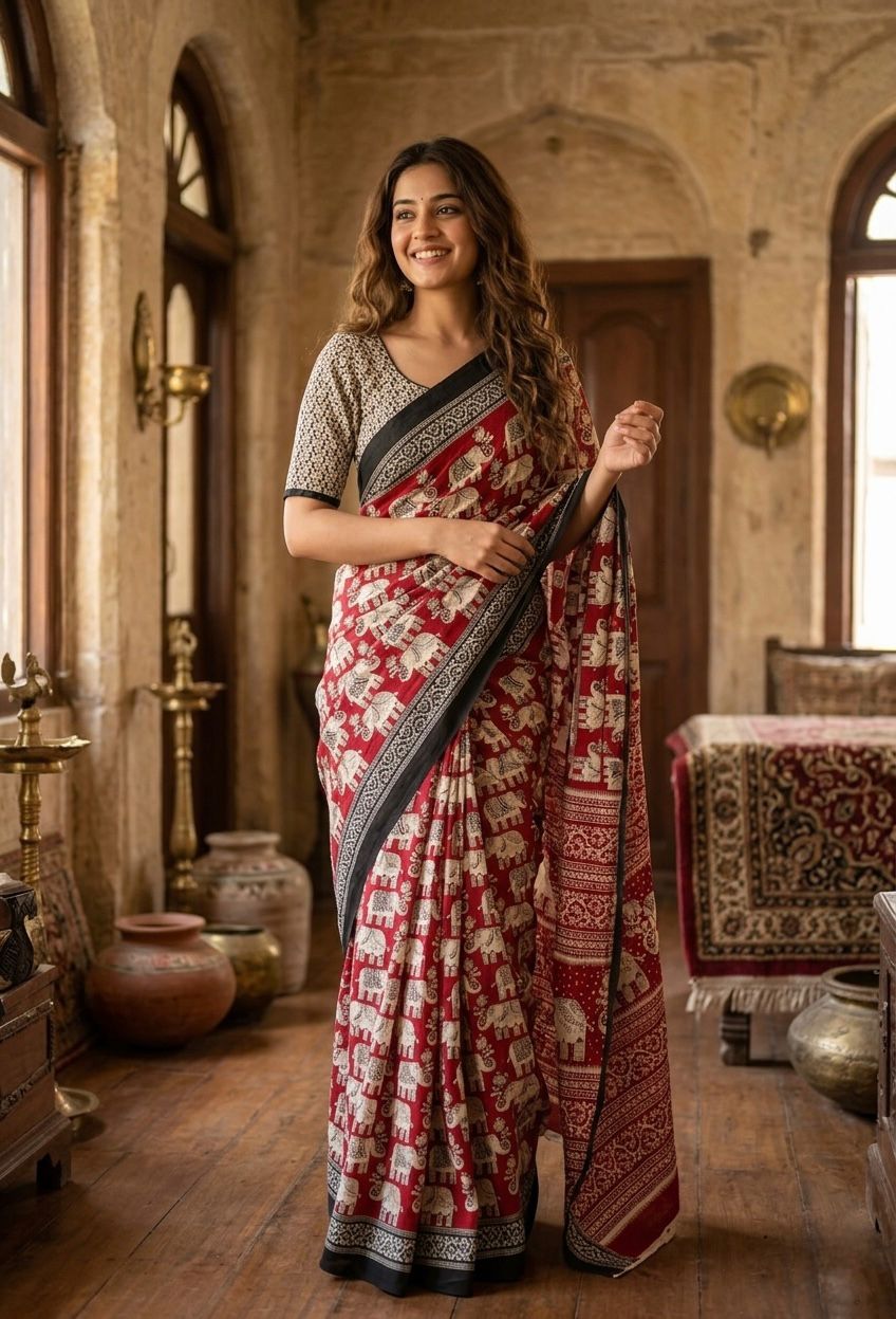 Red Pure Soft Malmal Hand Block Printed Saree