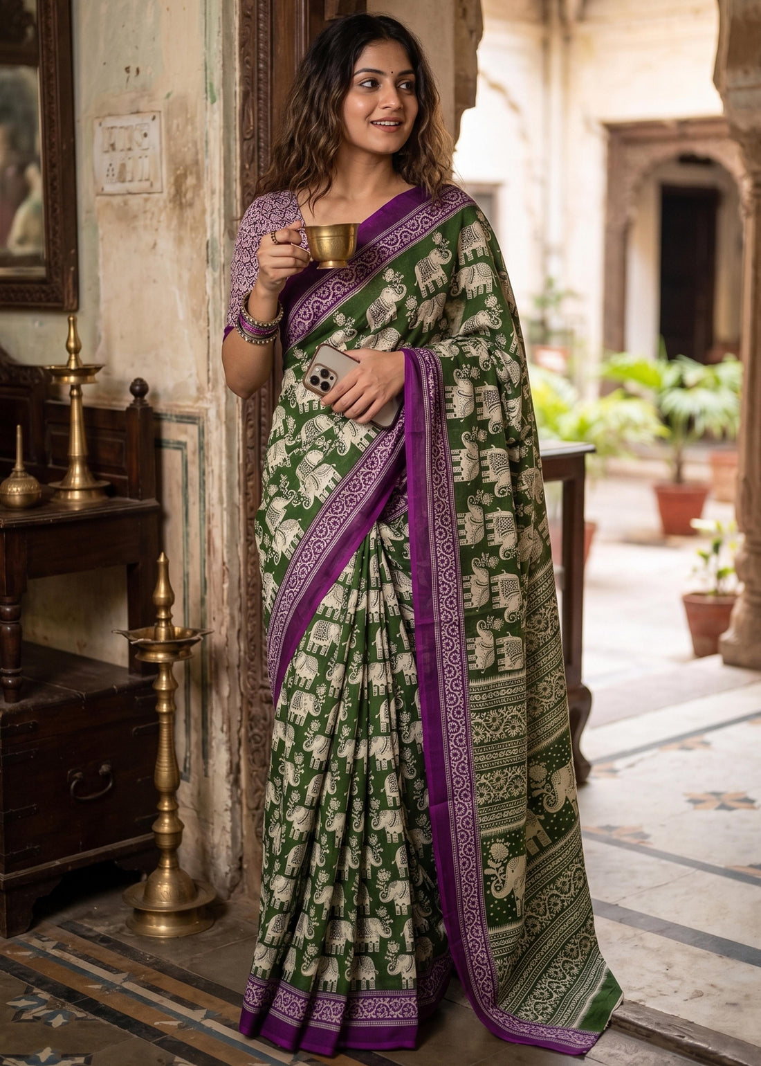 Green Pure Soft Malmal Hand Block Printed Saree