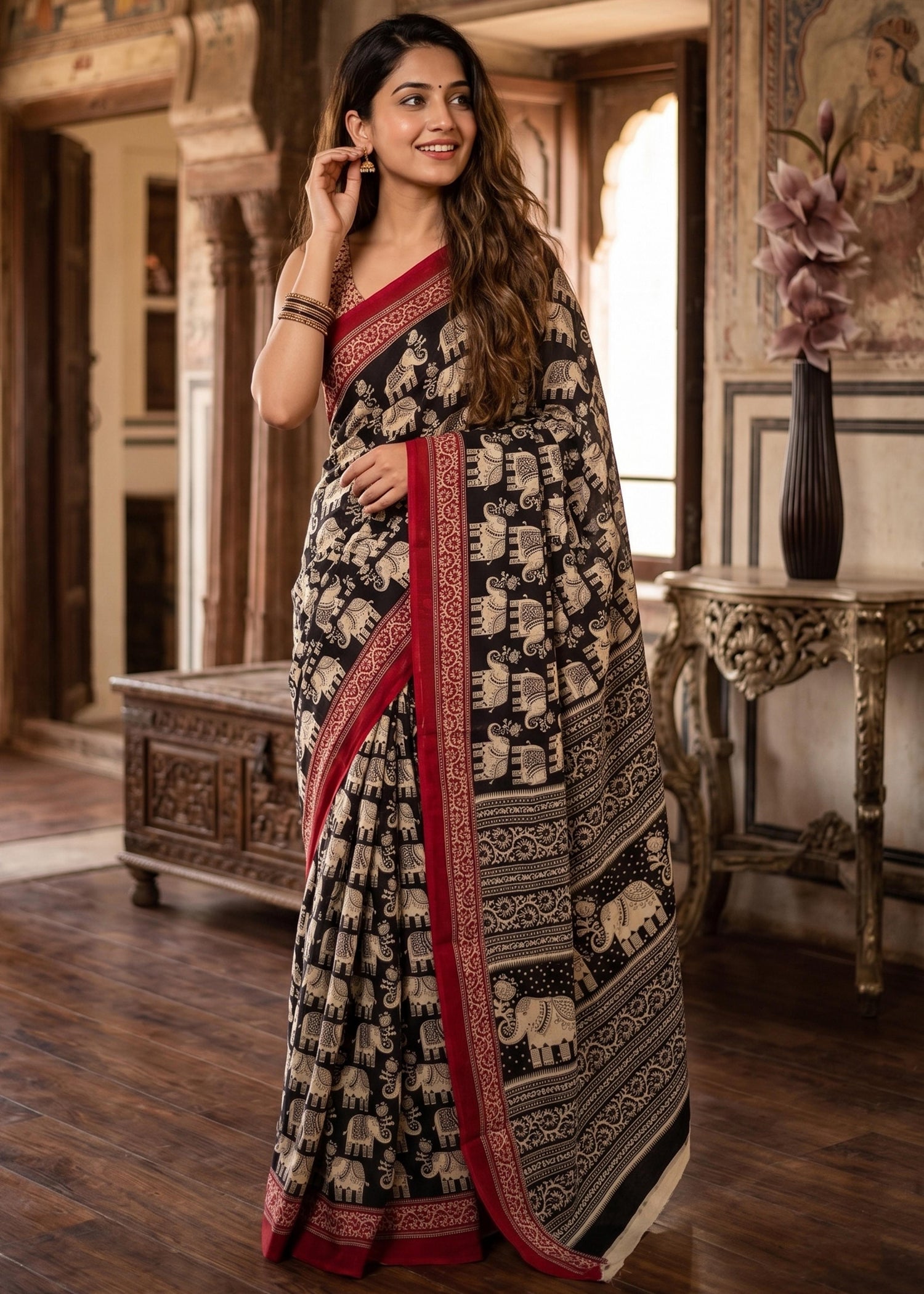 Blue Pure Soft Malmal Hand Block Printed Saree