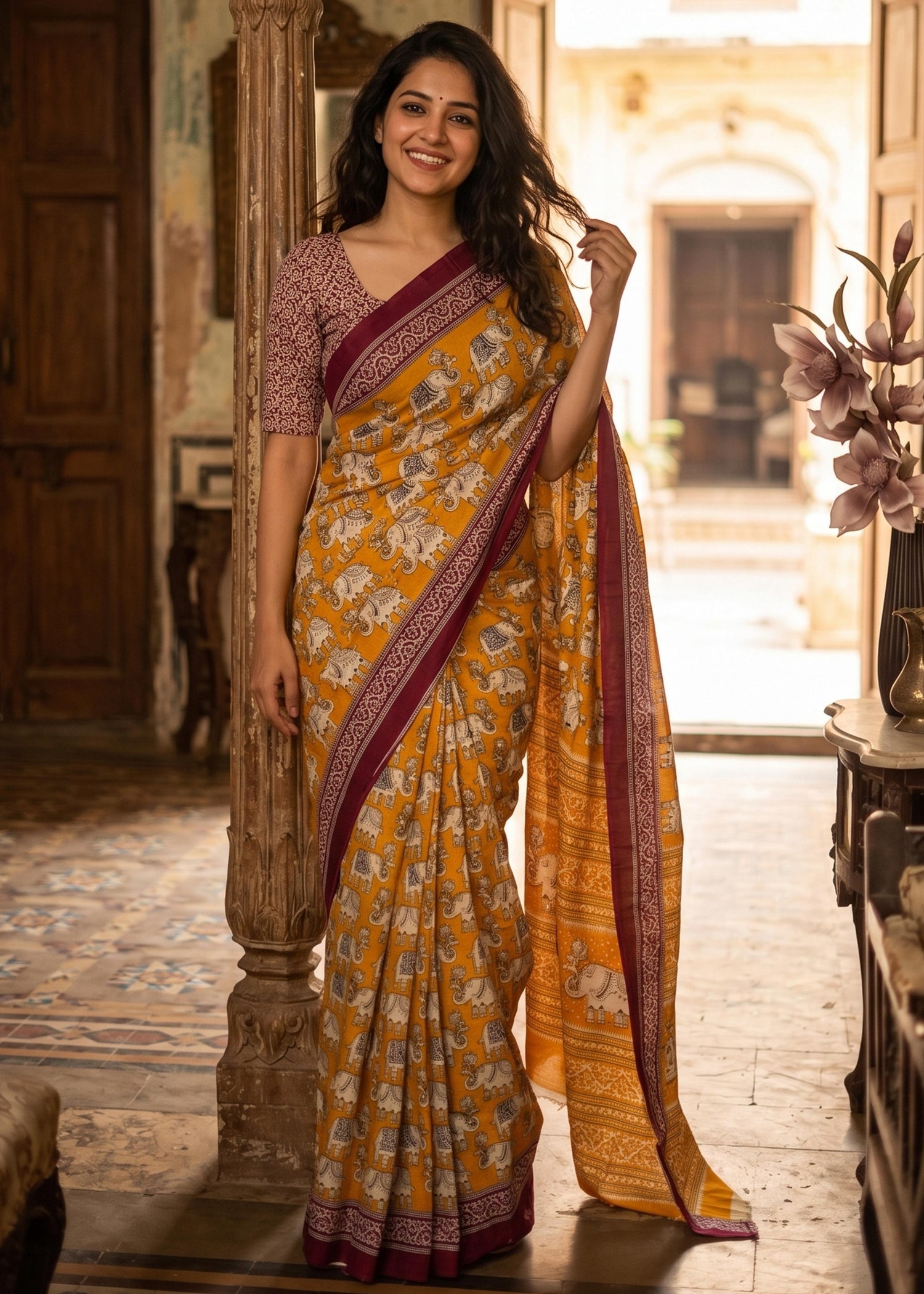 Mustard Pure Soft Malmal Hand Block Printed Saree