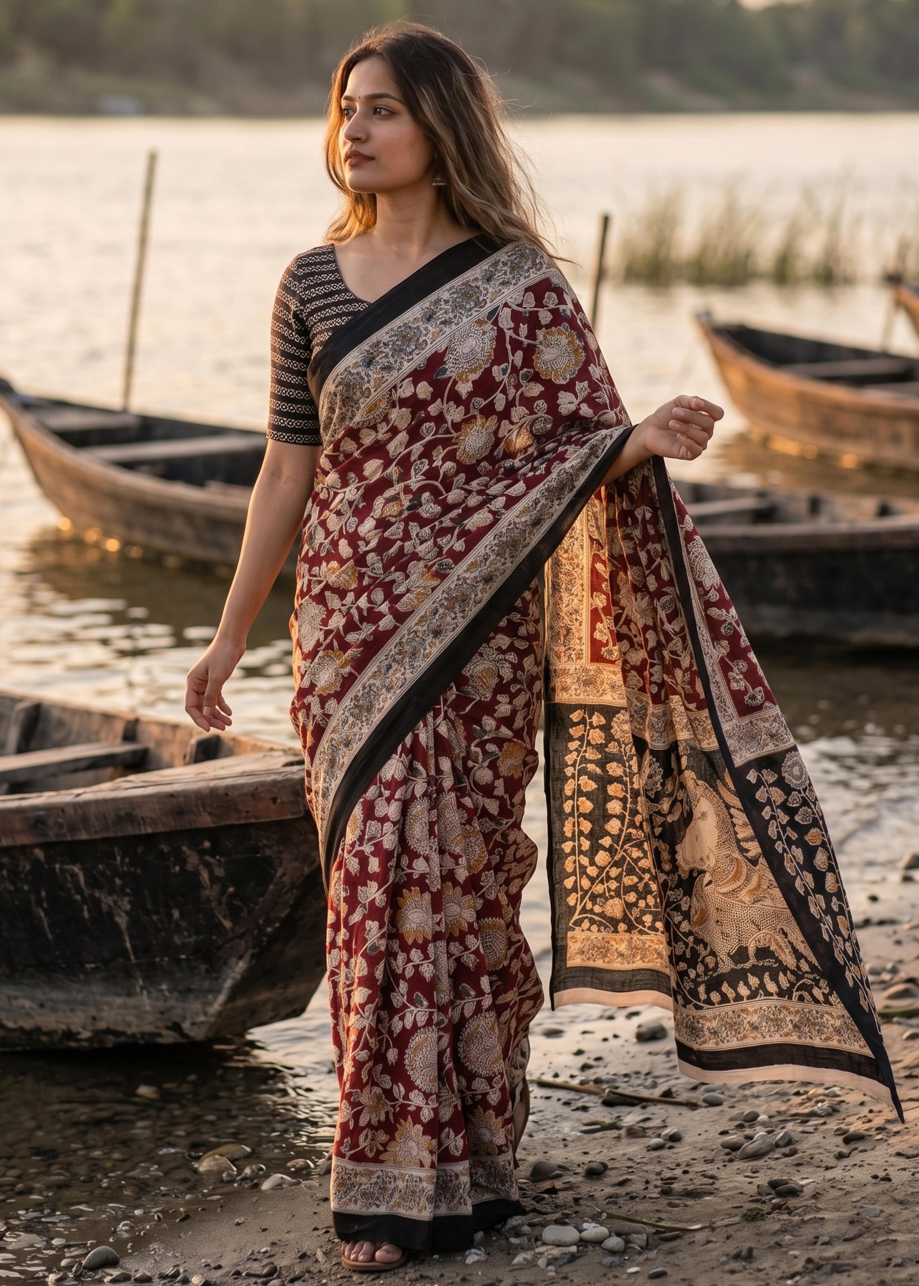 Maroon Pure Soft Malmal Hand Kalmkari Block Printed Saree