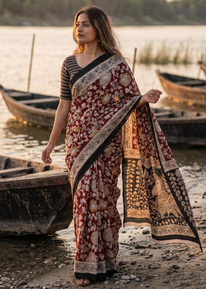 Maroon Pure Soft Malmal Hand Kalmkari Block Printed Saree