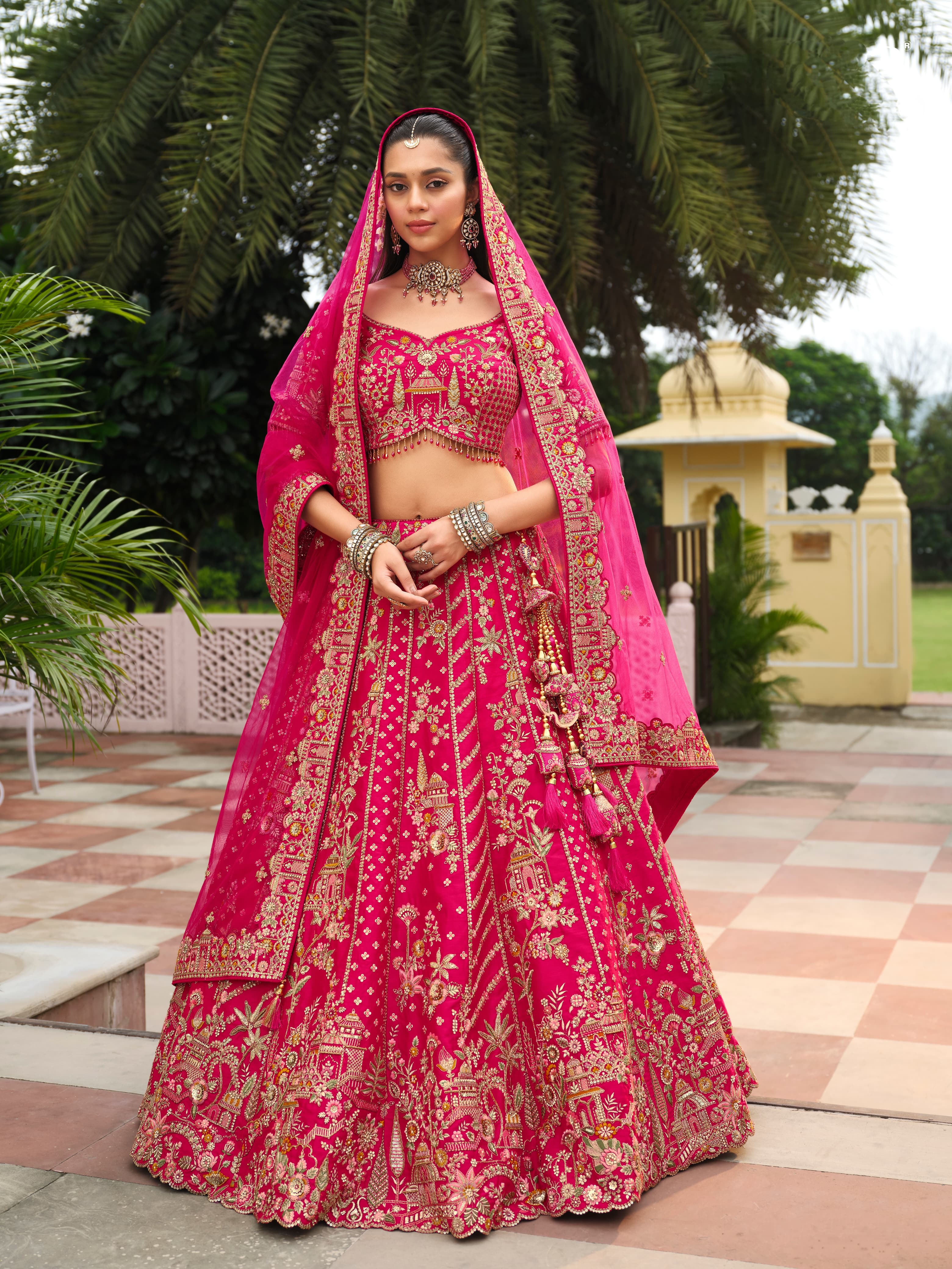 Bright Pink Bridal Lehenga Choli with Heavy Khatli Embroidery