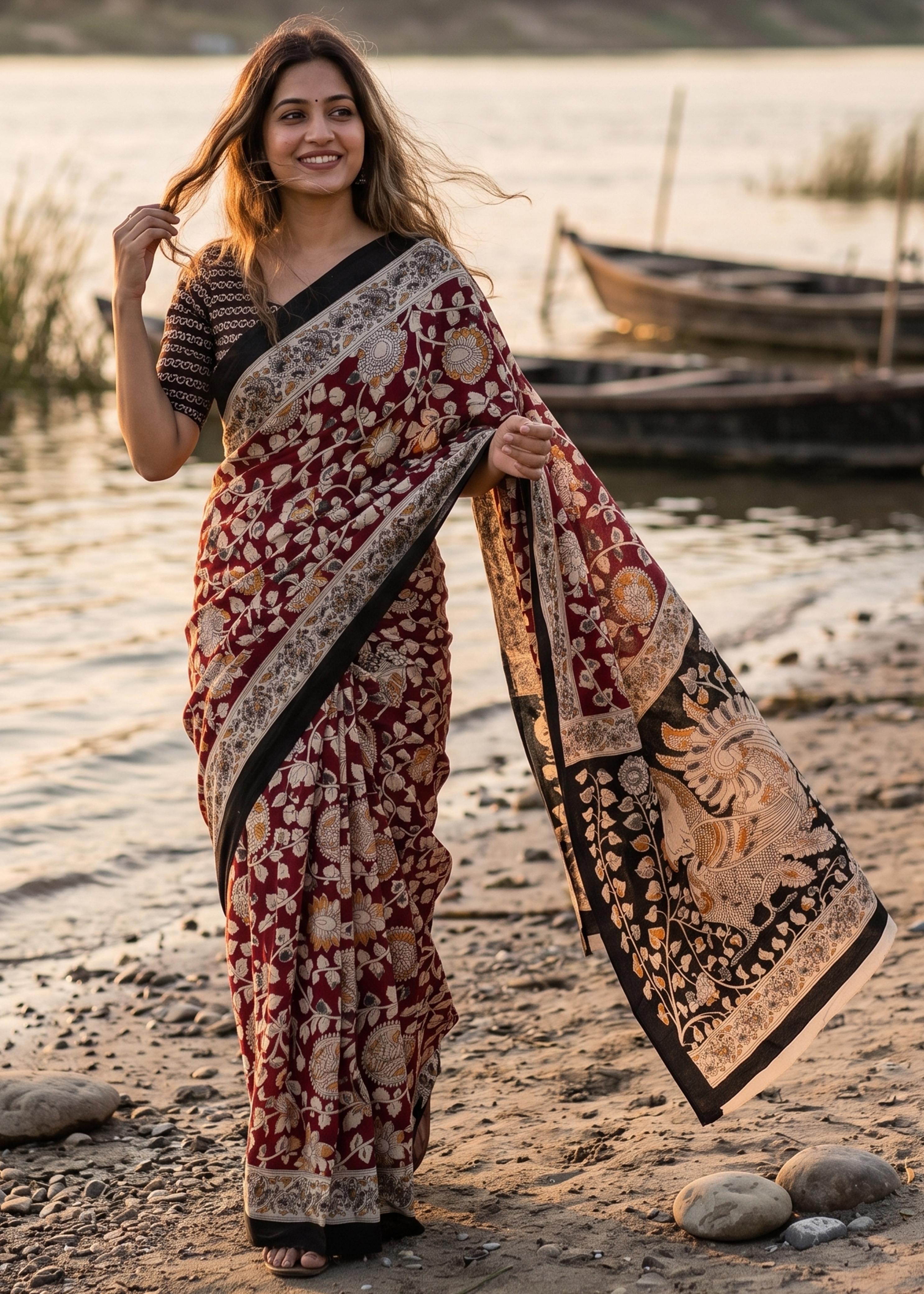 Maroon Pure Soft Malmal Hand Kalmkari Block Printed Saree