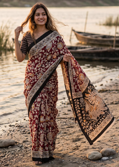 Maroon Pure Soft Malmal Hand Kalmkari Block Printed Saree