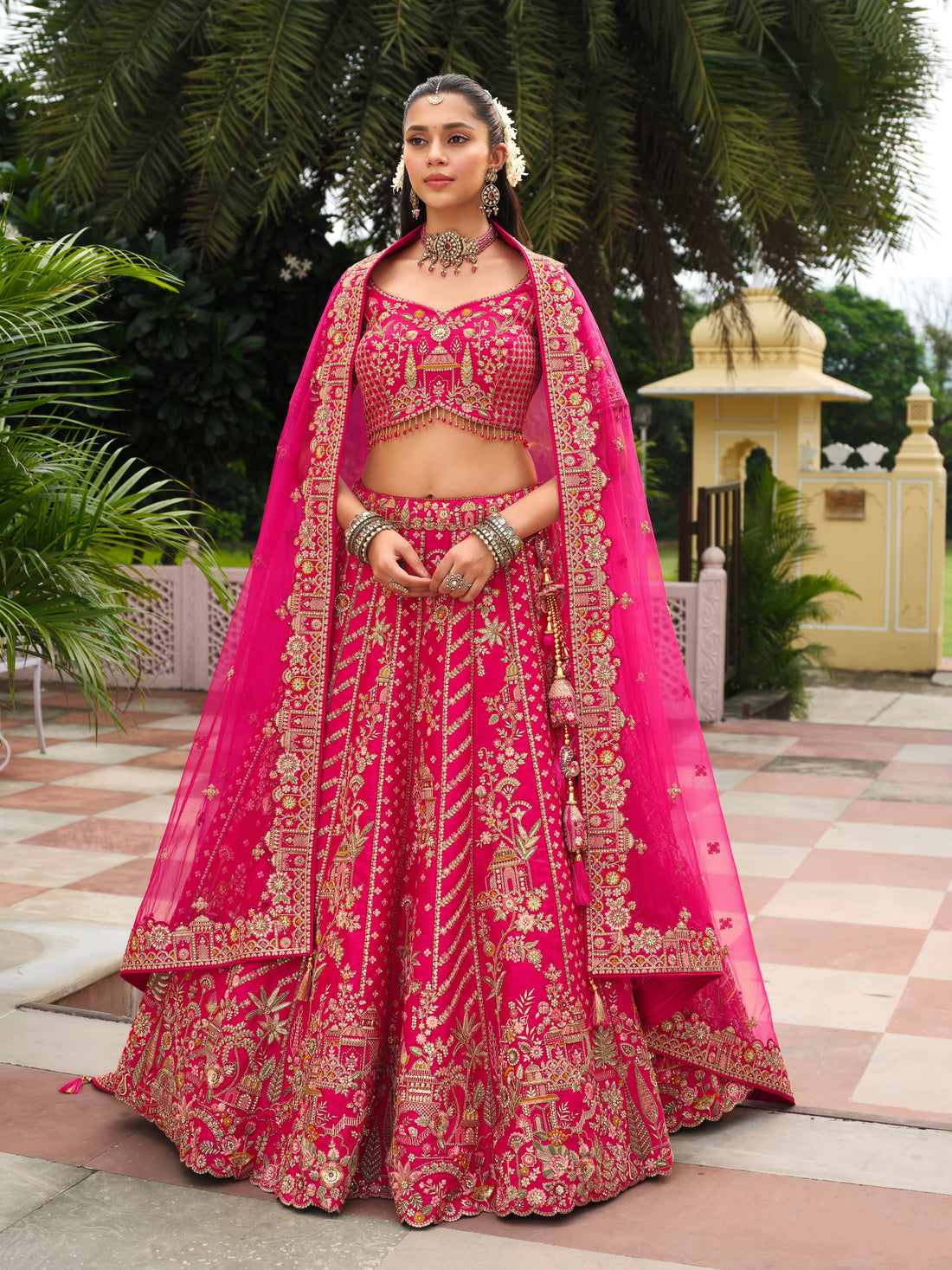 Bright Pink Bridal Lehenga Choli with Heavy Khatli Embroidery