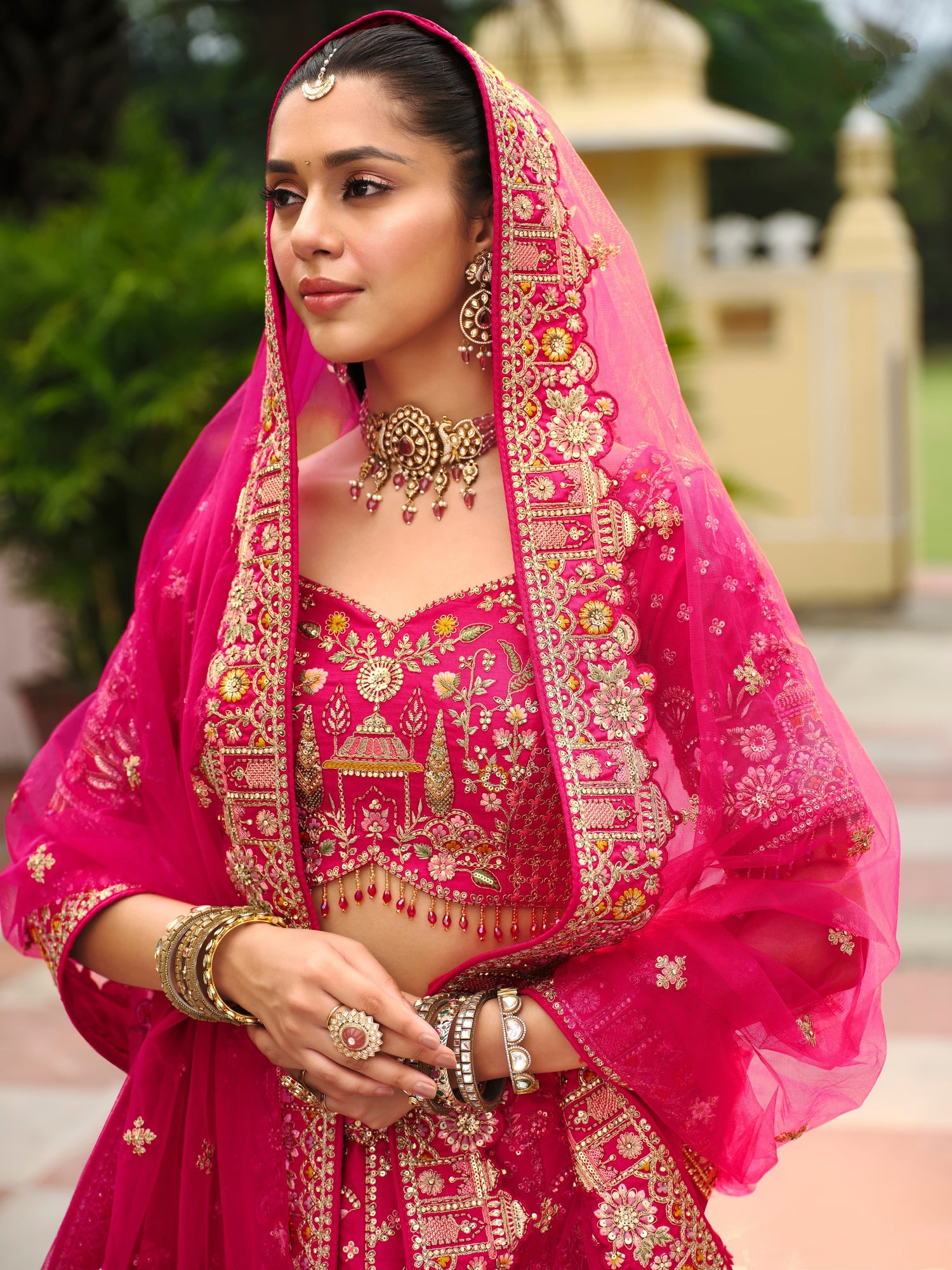 Bright Pink Bridal Lehenga Choli with Heavy Khatli Embroidery
