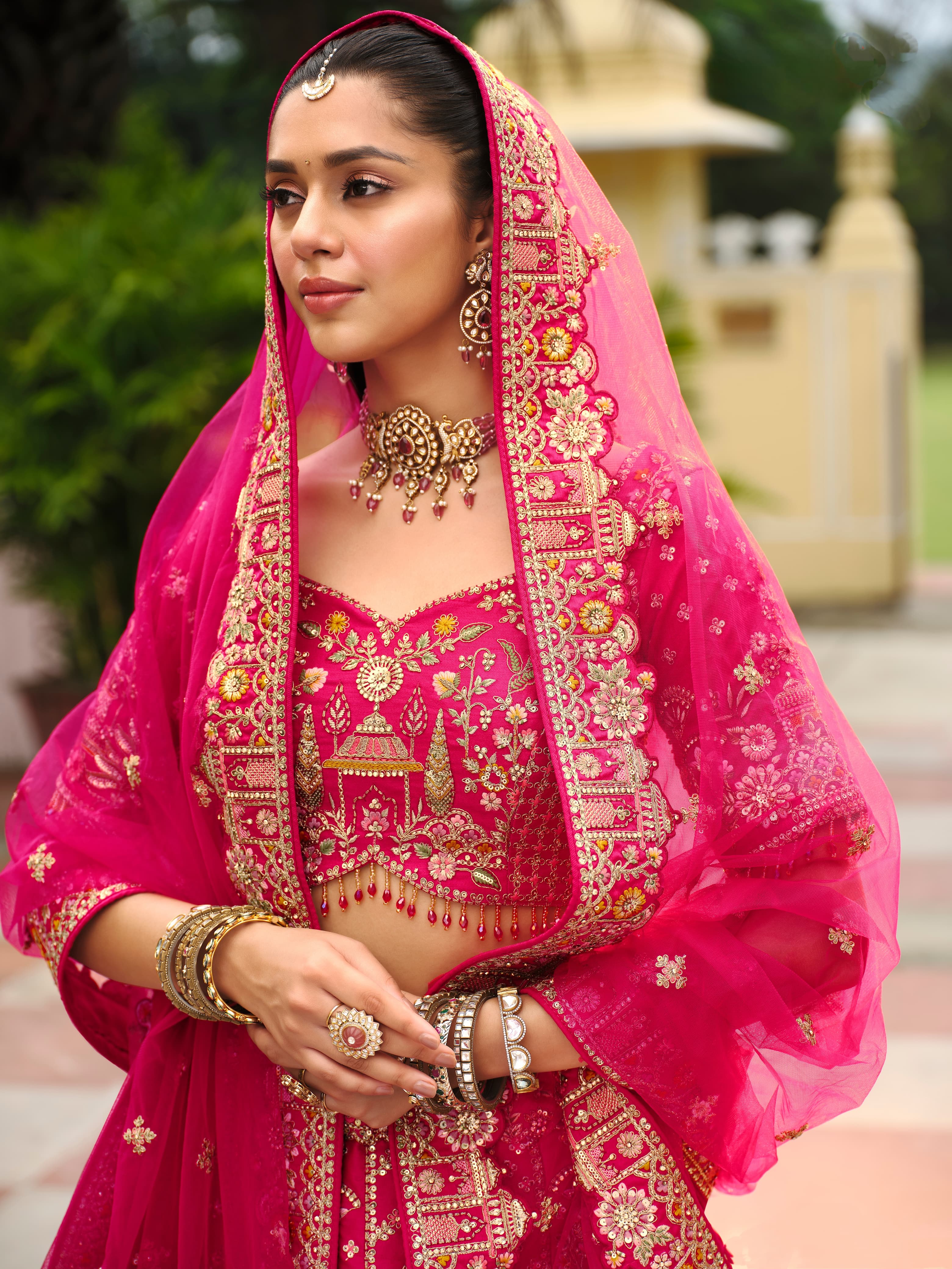 Bright Pink Bridal Lehenga Choli with Heavy Khatli Embroidery