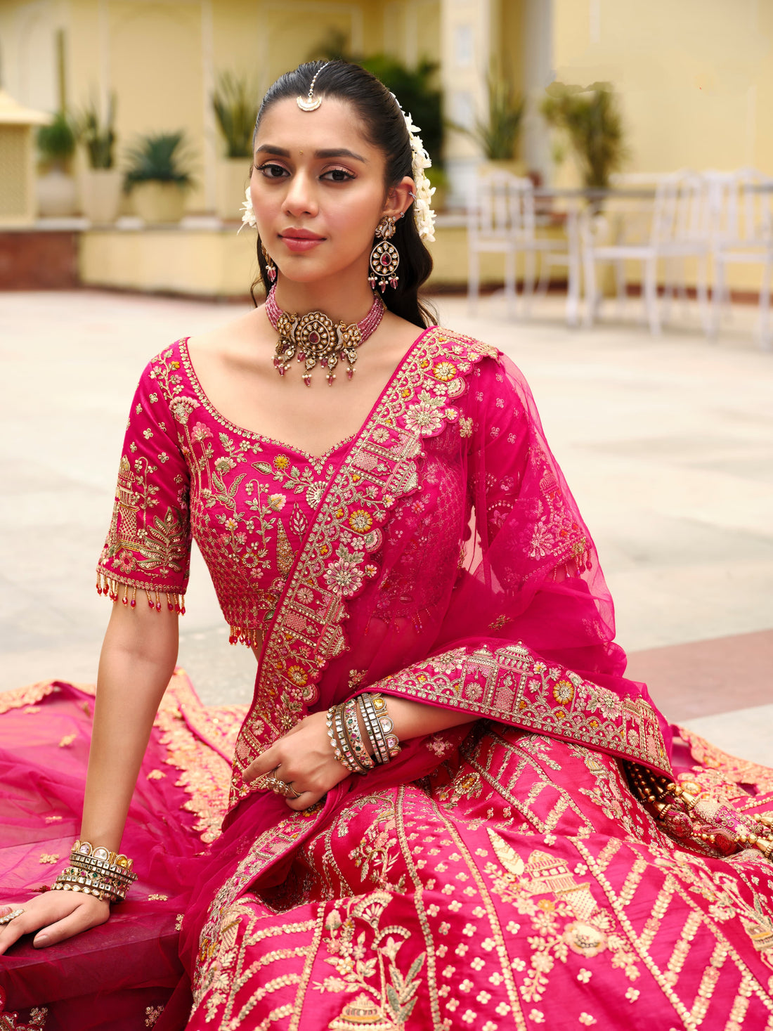 Bright Pink Bridal Lehenga Choli with Heavy Khatli Embroidery