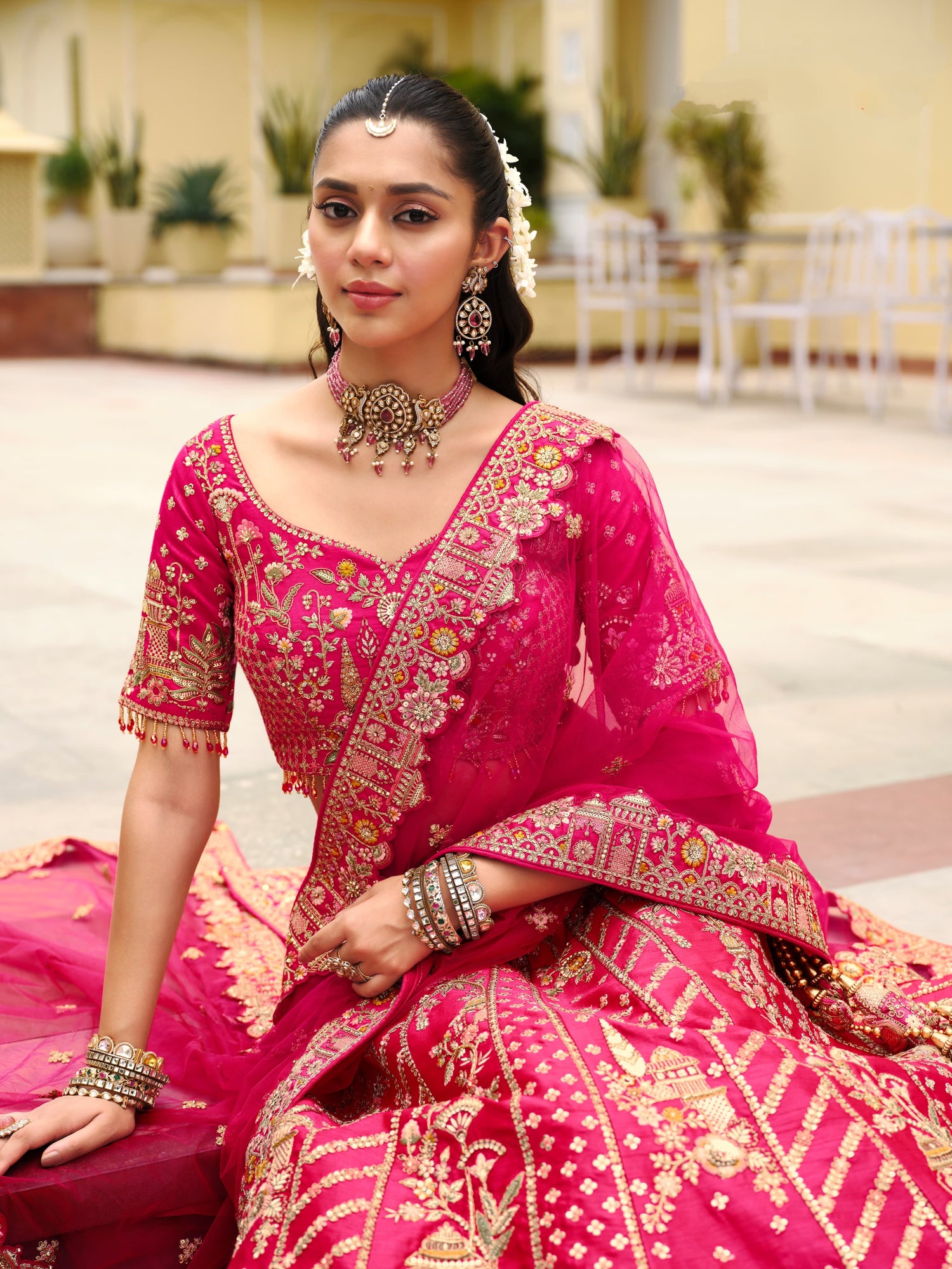 Bright Pink Bridal Lehenga Choli with Heavy Khatli Embroidery