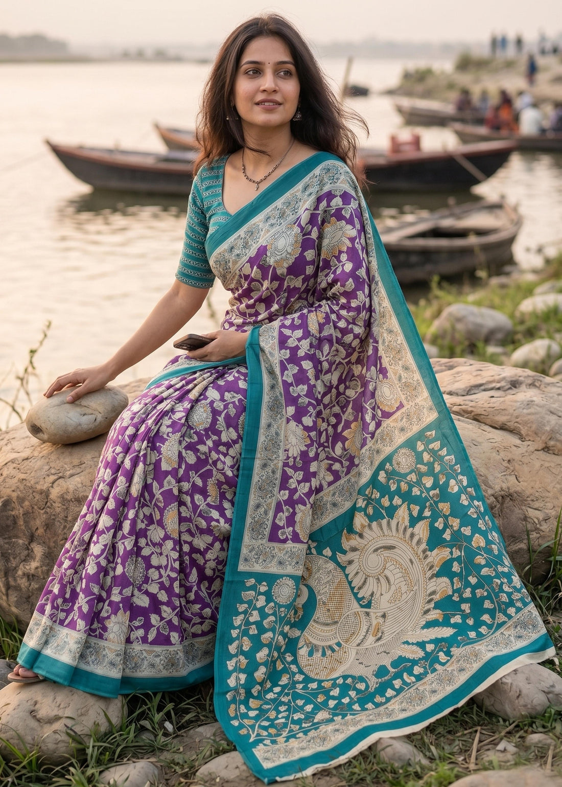 Purple Pure Soft Malmal Hand Kalmkari Block Printed Saree