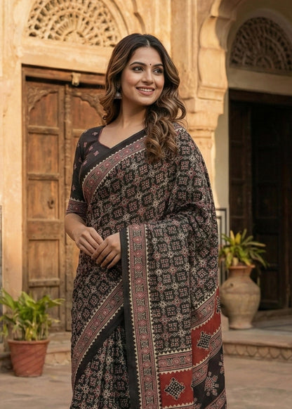 Black Pure Soft Malmal Hand Ajrakh Hand Block Printed Saree