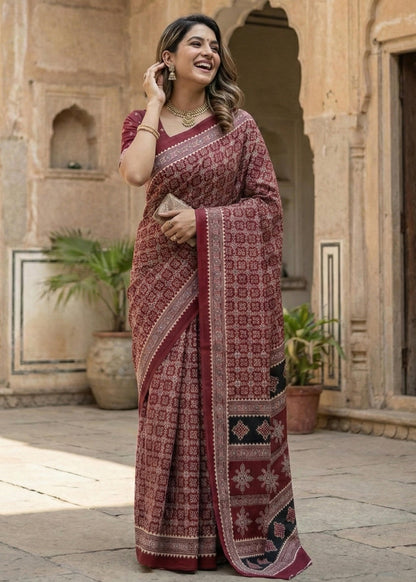 Maroon Pure Soft Malmal Hand Ajrakh Hand Block Printed Saree