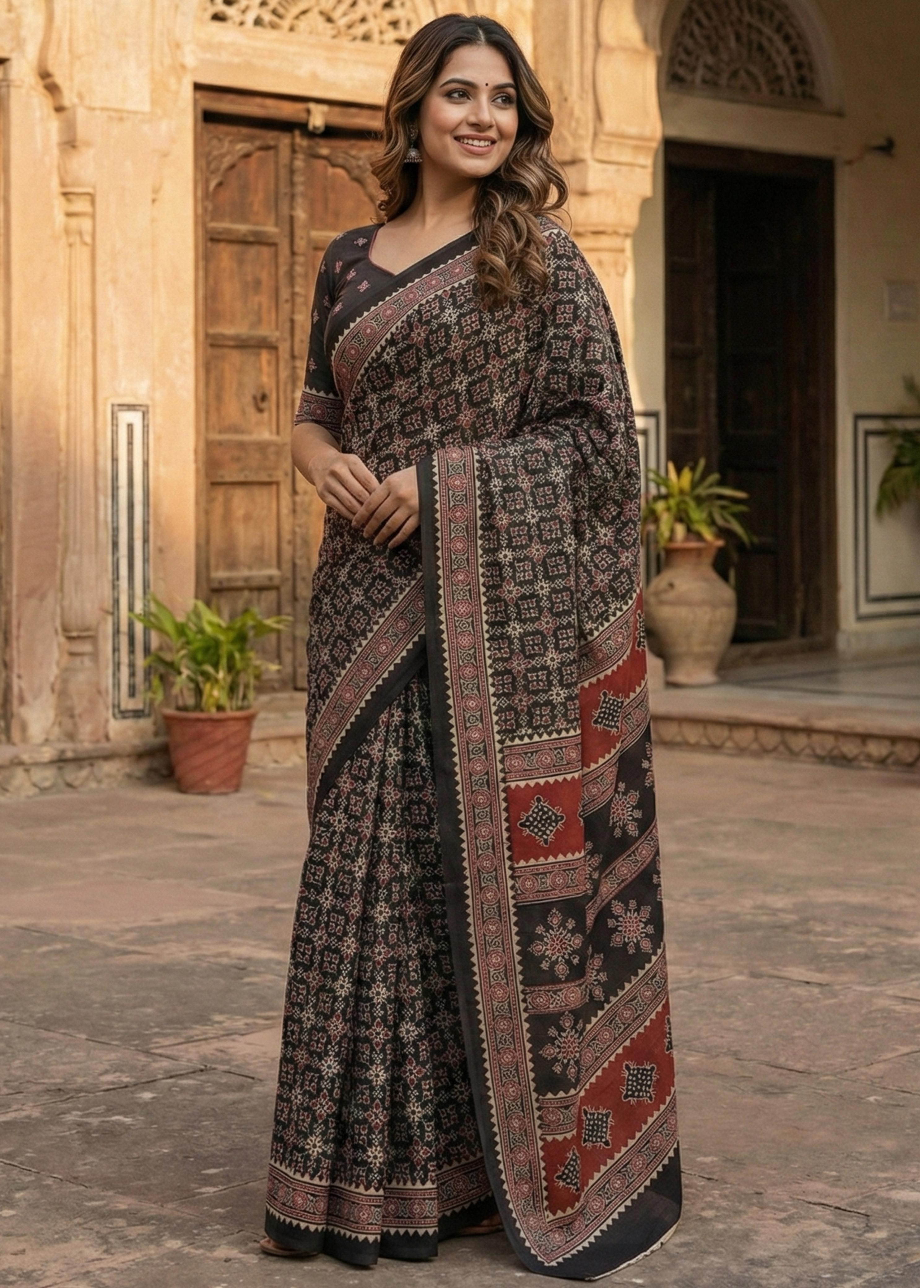Black Pure Soft Malmal Hand Ajrakh Hand Block Printed Saree