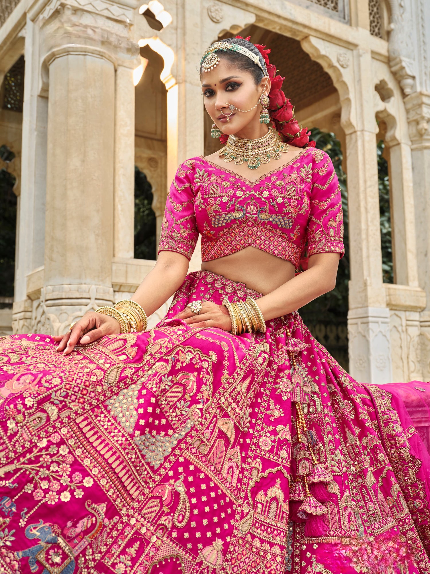 Hot Pink Bridal Lehenga Choli with Heavy Khatli Embroidery