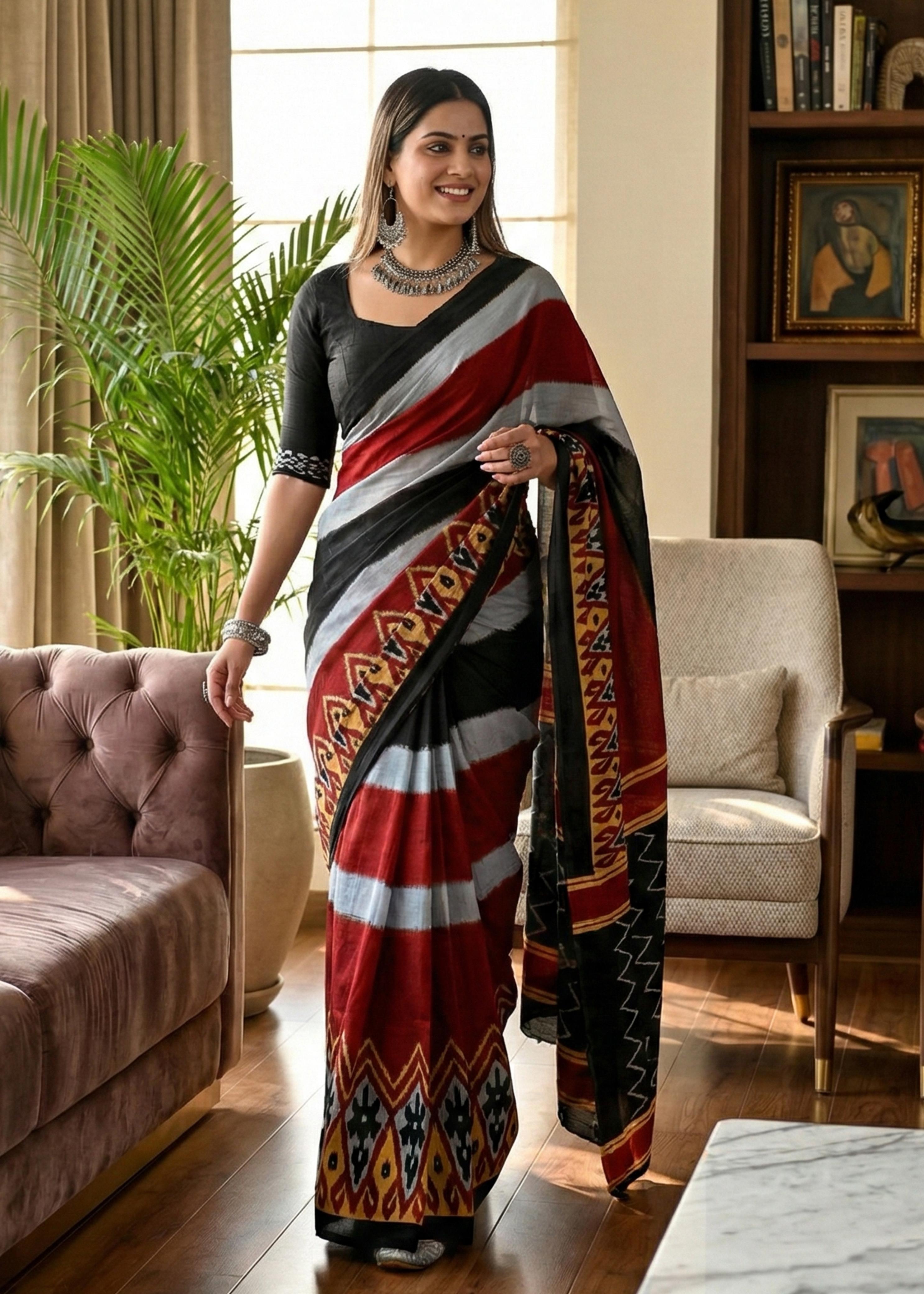 Black Pure Soft Malmal Hand Ikkat Hand Block Printed Saree