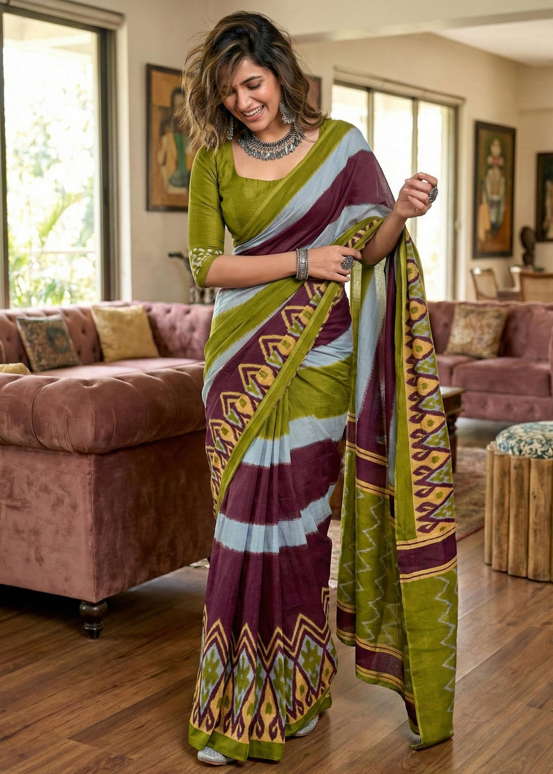 Olive Pure Soft Malmal Hand Ikkat Hand Block Printed Saree